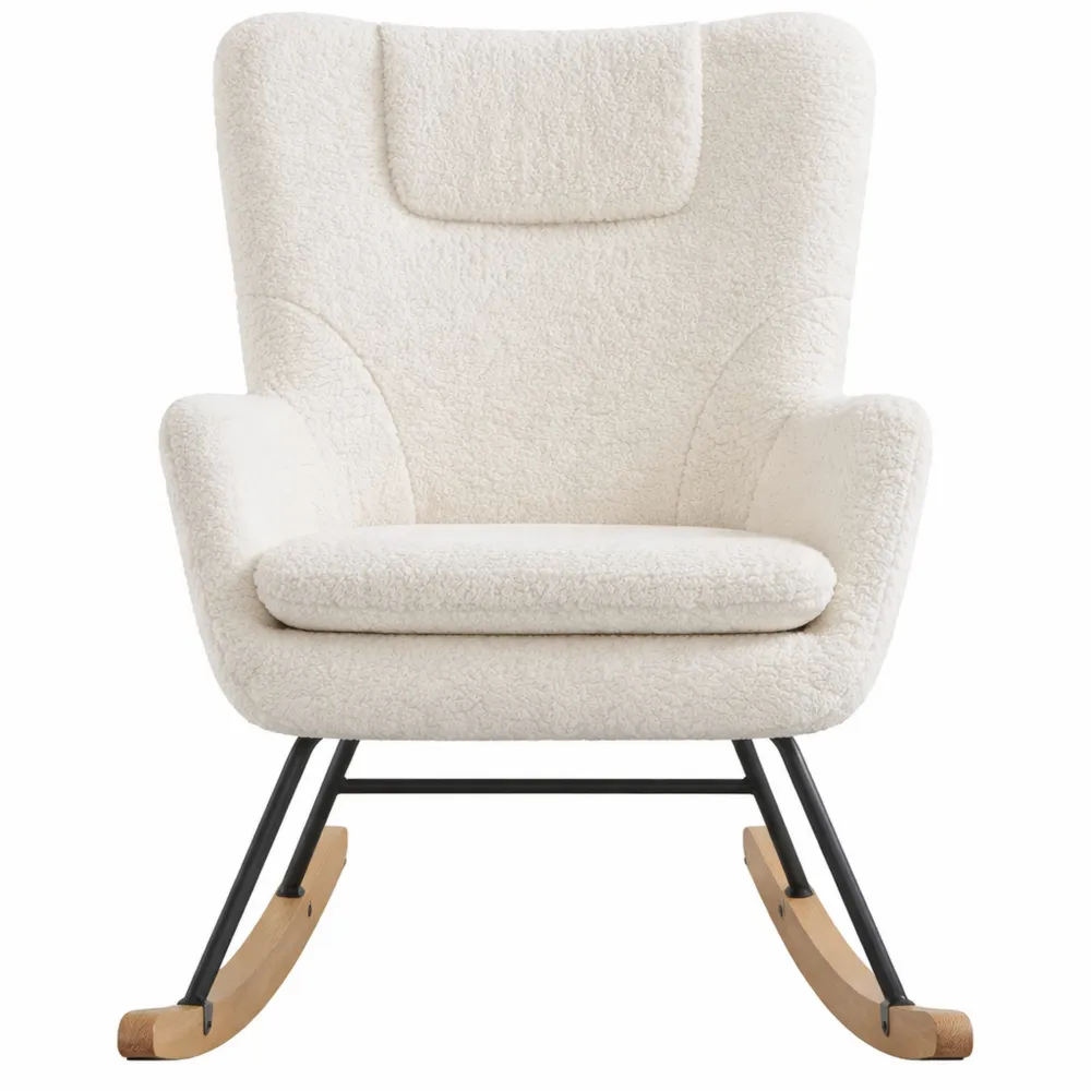 Chaise berçante en tissu doux avec dossier haut et pieds en bois