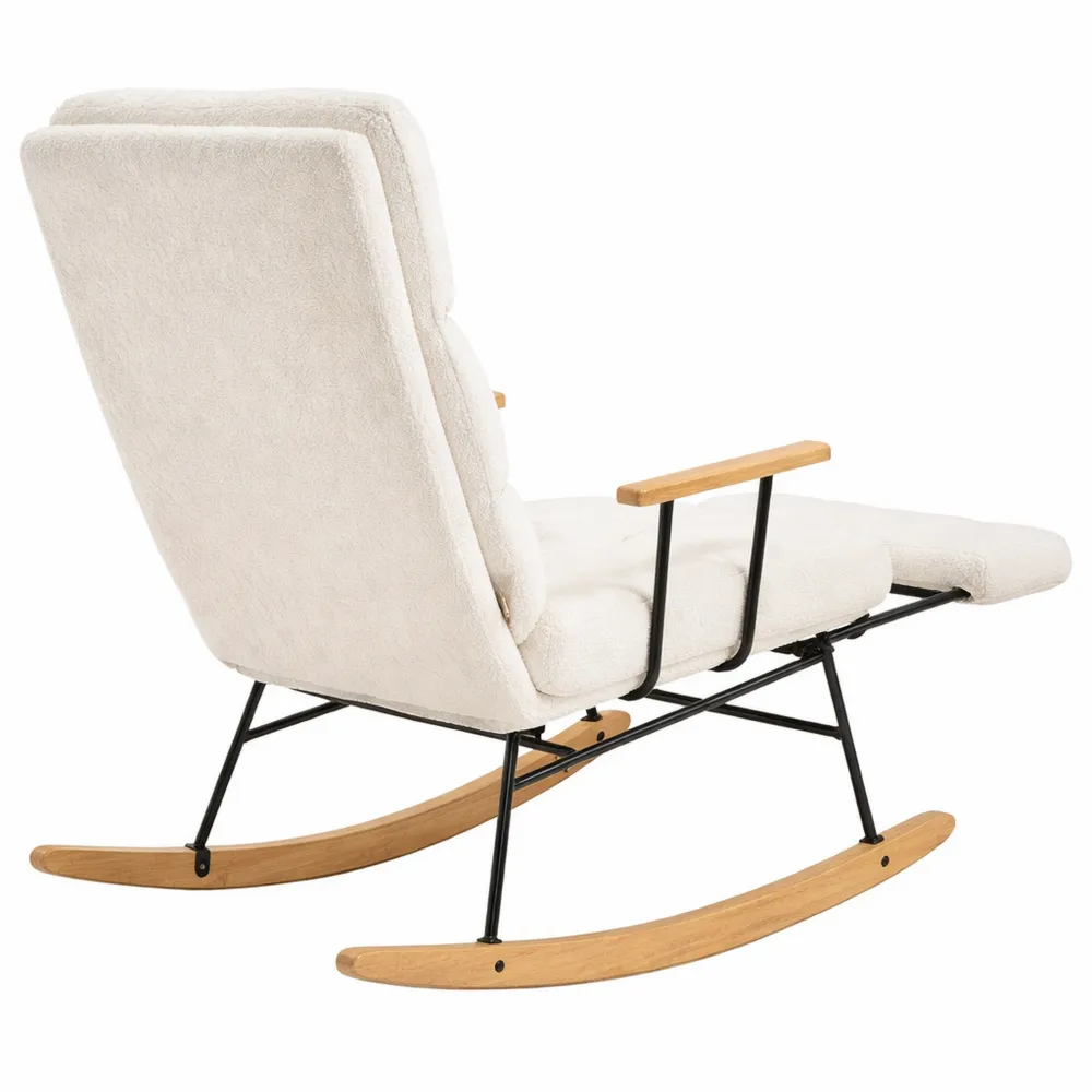 Chaise à Bascule en Bois et Tissu Peluche - Dossier Réglable 4 Positions - Capacité 160 kg - Blanc Crème