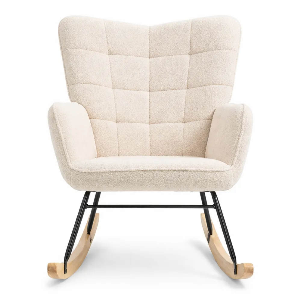 Chaise à bascule en tissu bouclette avec pieds en bois et structure en acier, beige