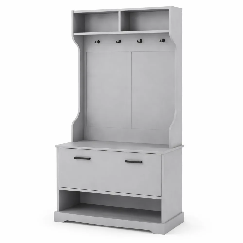 Porte-manteau polyvalent avec étagères et banc de rangement