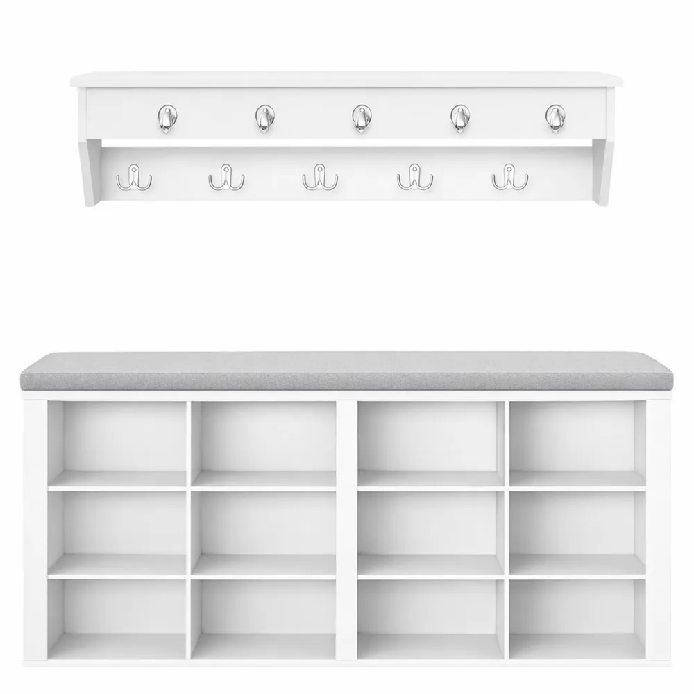 Banc de rangement modulable avec crochets et étagères pour intérieur