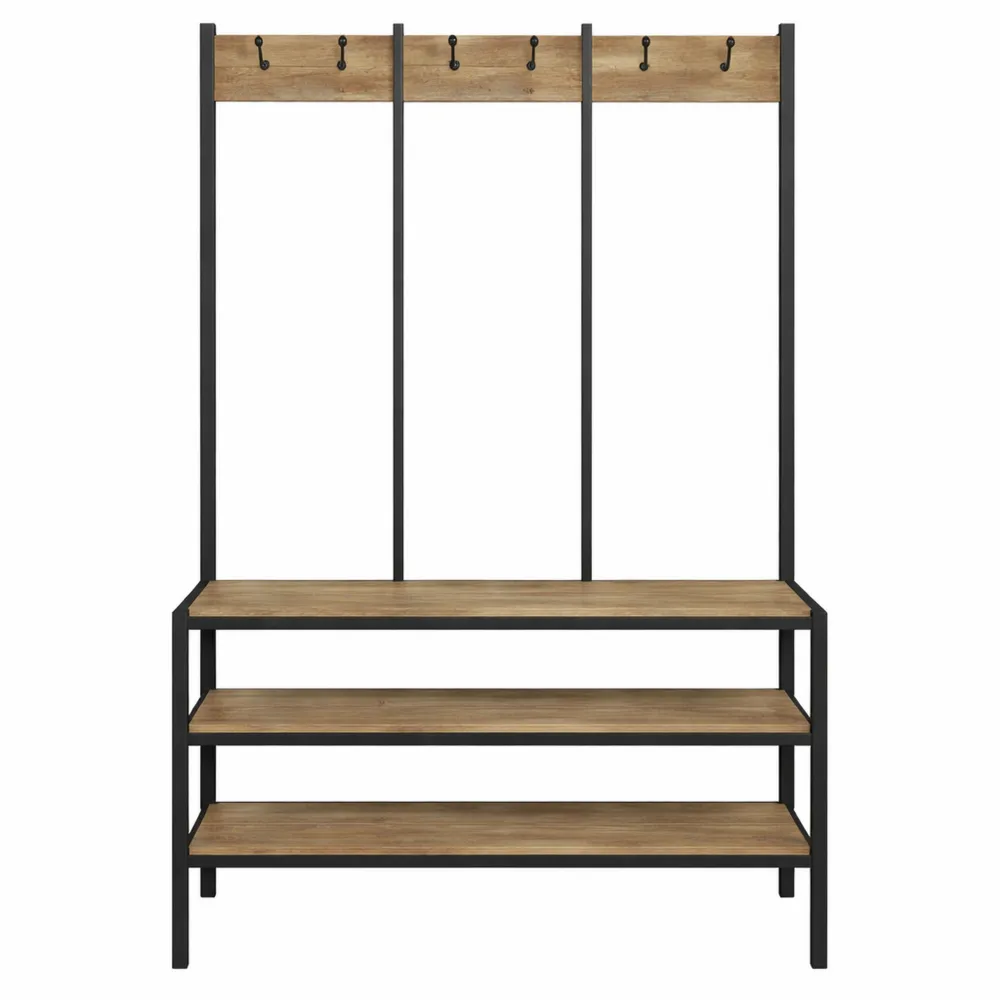 Portemanteau d'entrée avec étagères et banc à chaussures, rangement spacieux pour salon ou chambre, 12 crochets