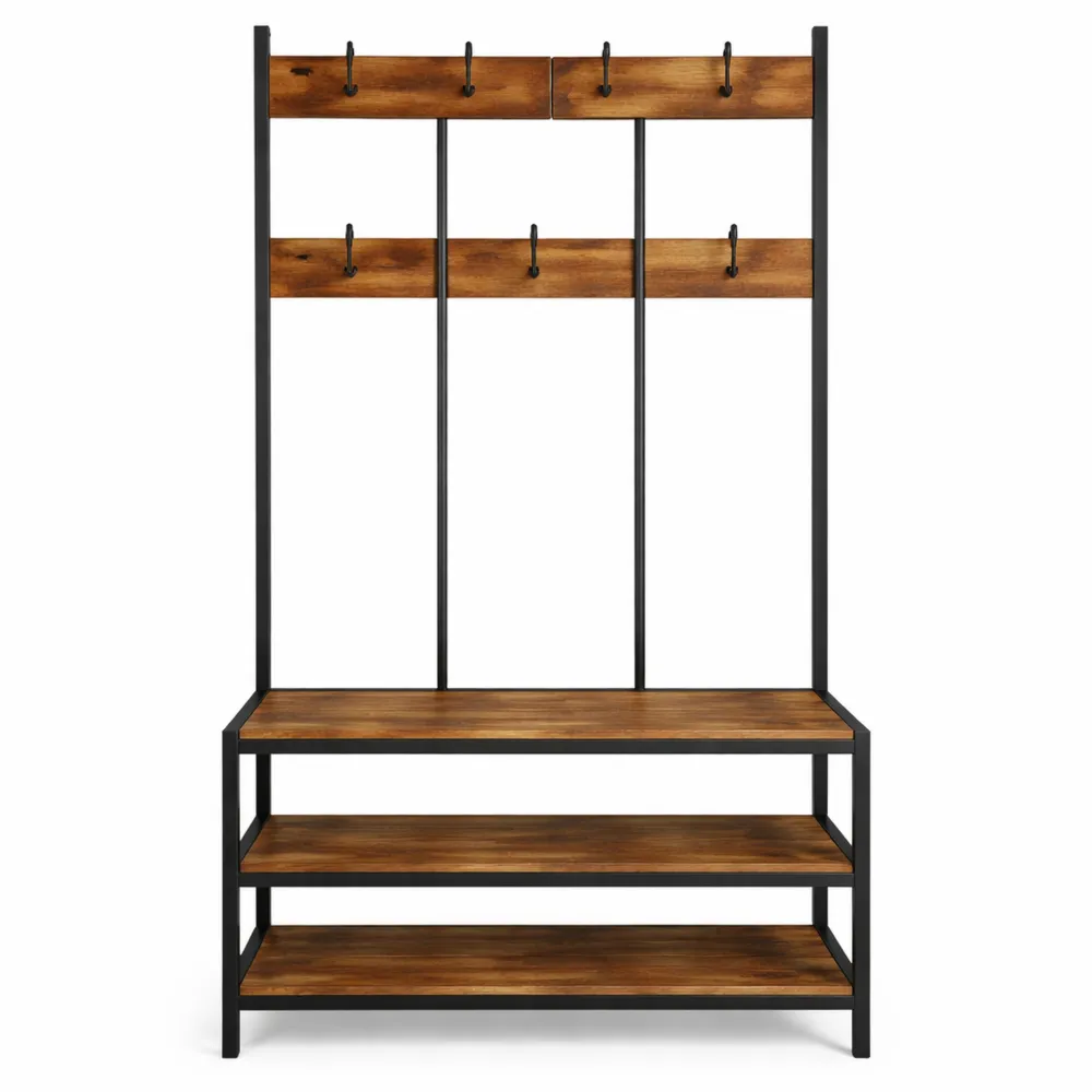 Portemanteau avec Étagères et Banc à Chaussures, 12 Crochets, Vestiaire Salon