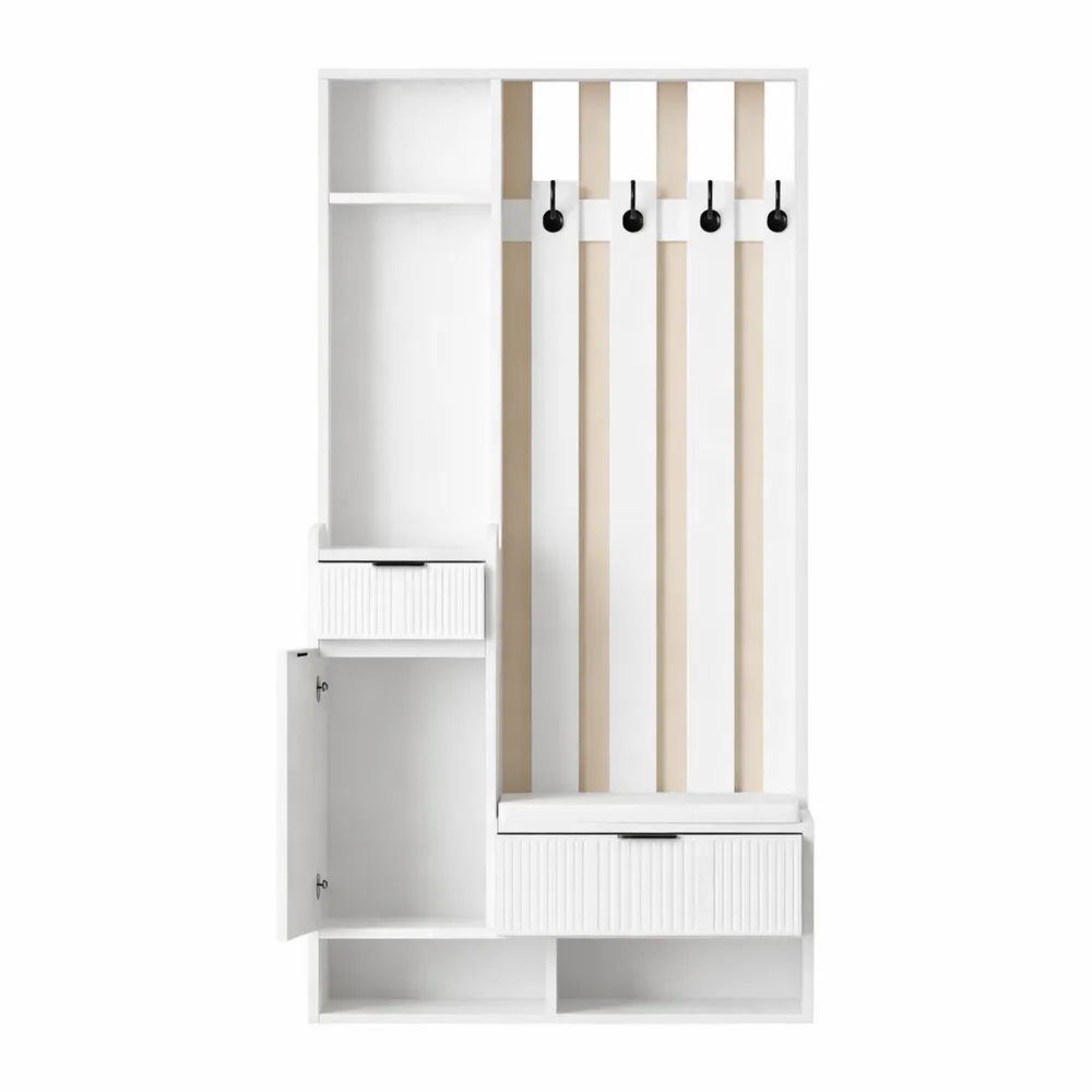 Mobilier d'entrée multifonction avec crochets, banc et tiroirs