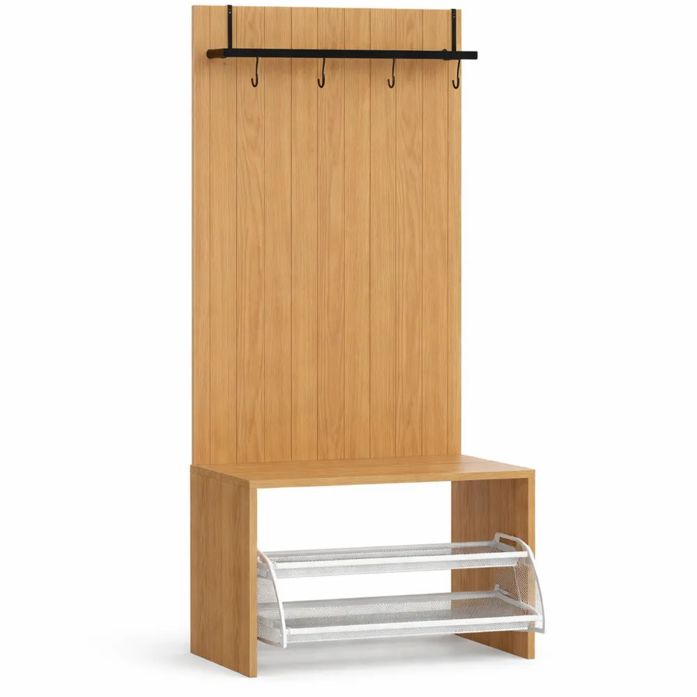 Vestiaire moderne avec banc à chaussures et étagère, 4 crochets, idéal pour couloir ou salon