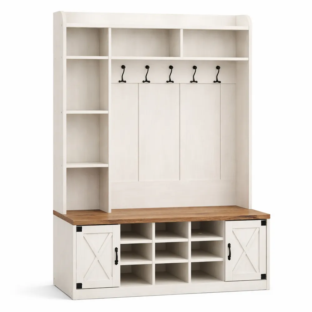 Meuble d'entrée avec banc à chaussures et LED, vestiaire avec étagères réglables et crochets