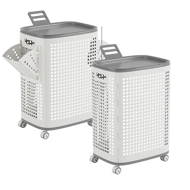  Laundry Basket with Wheels, White & Gray, Ventilated & Odor-Resistant, Portable Rolling Storage with Lid, Size Details in SKU Images, Assembly Guide in Main Image & Description