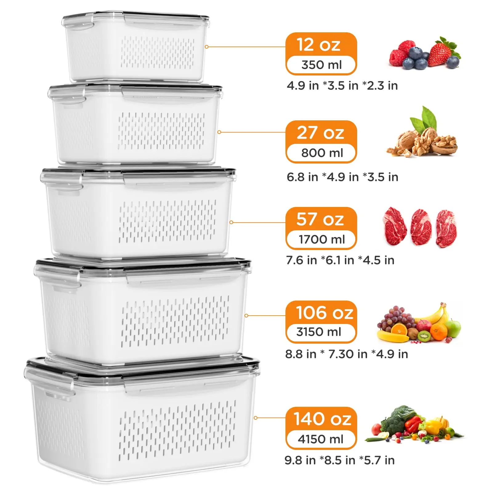 5 Pack Fridge Organizers and Storage - Stackable Fruit Storage Containers for Fridge with Removable Colander, BPA-Free Food Storage Container for Salad Berry Lettuce Vegetables Meat Keeper Fresh