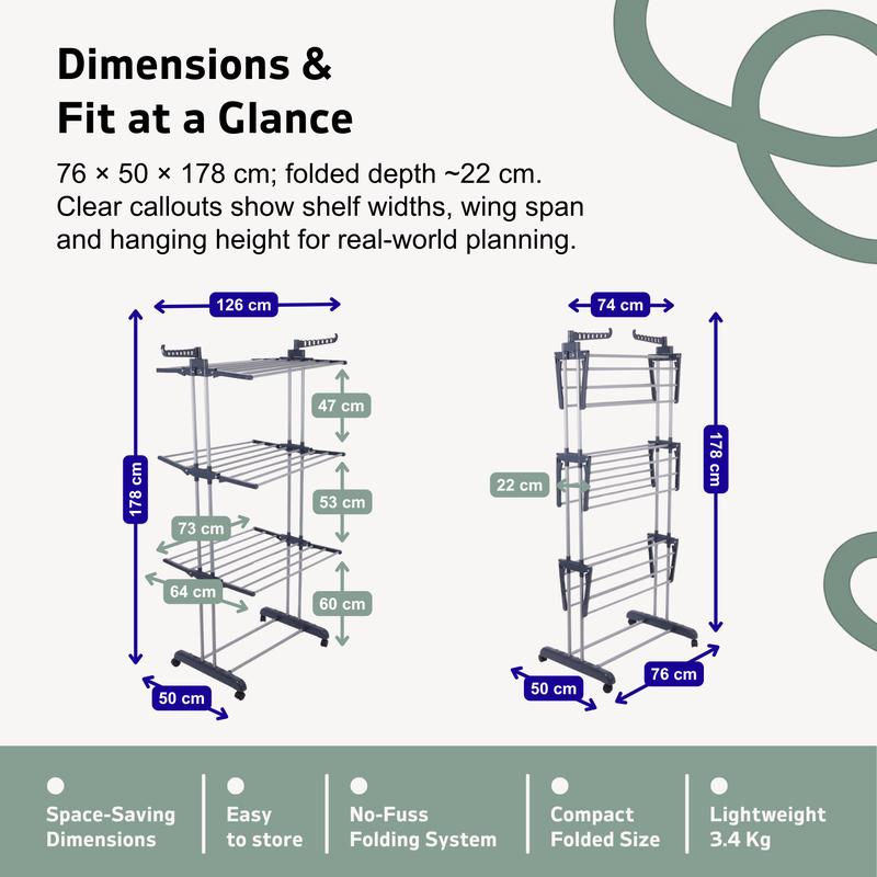 4-Tier Winged Clothes Airer – Foldable Clothes Drying Rack with Wheels for Indoor/Outdoor Use, Heavy-Duty Laundry Airer, Dryer rack, 76×50×172 cm
