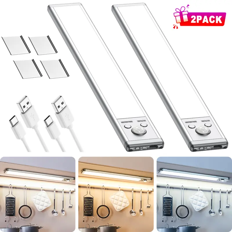 Under Cabinet Lighting, 4 Pack Motion Sensor Light Indoor, 76 LED USB Rechargeable Battery Operated, 3 Levels Dimmable Magnetic Closet Lights