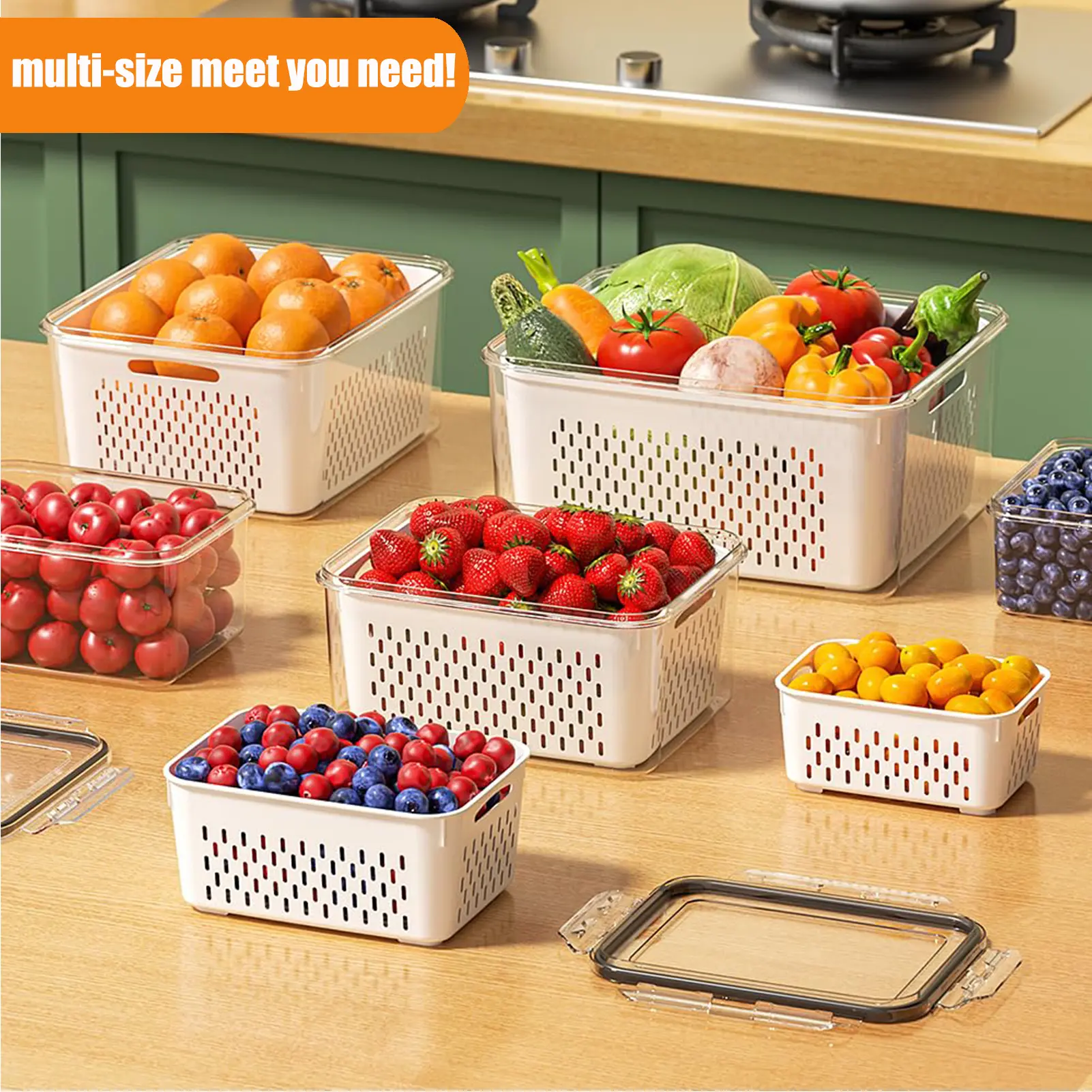 5 Pack Fridge Organizers and Storage - Stackable Fruit Storage Containers for Fridge with Removable Colander, BPA-Free Food Storage Container for Salad Berry Lettuce Vegetables Meat Keeper Fresh