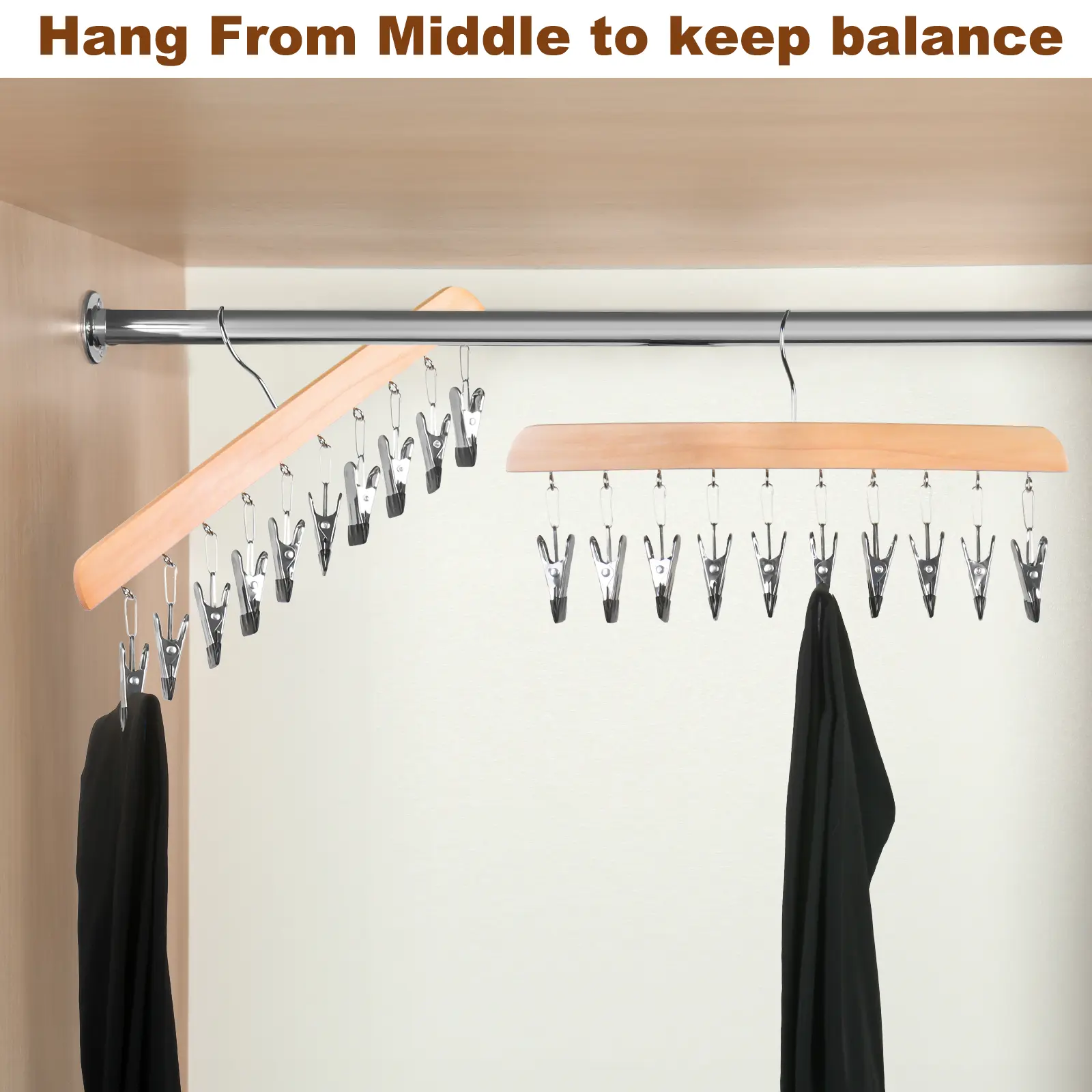 Legging Hanger for Closet Organizer with 10 Clips ,2 Pack Wooden Yoga Pants Hanger Holds 20 Leggings, Space Saving Hanging Closet Organizer w/Rubber Coated Closet Organizers and Storage,Clothes Hanger with Clips for Bra,Belt,Sock,Hat Hanging Organization