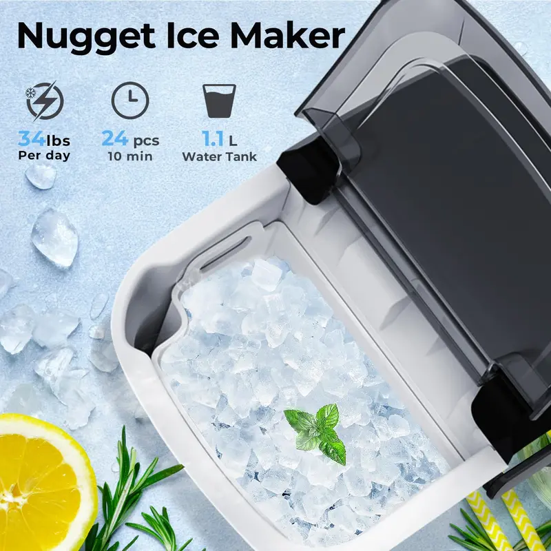 Nugget Ice Maker Countertop,33lbs/Day, Pellet ice Maker, a Basket in 1.5 Hour, Self-Cleaning, One-Click Design, Compact Crushed Ice Maker with Chewy Ice for Home Bar Party