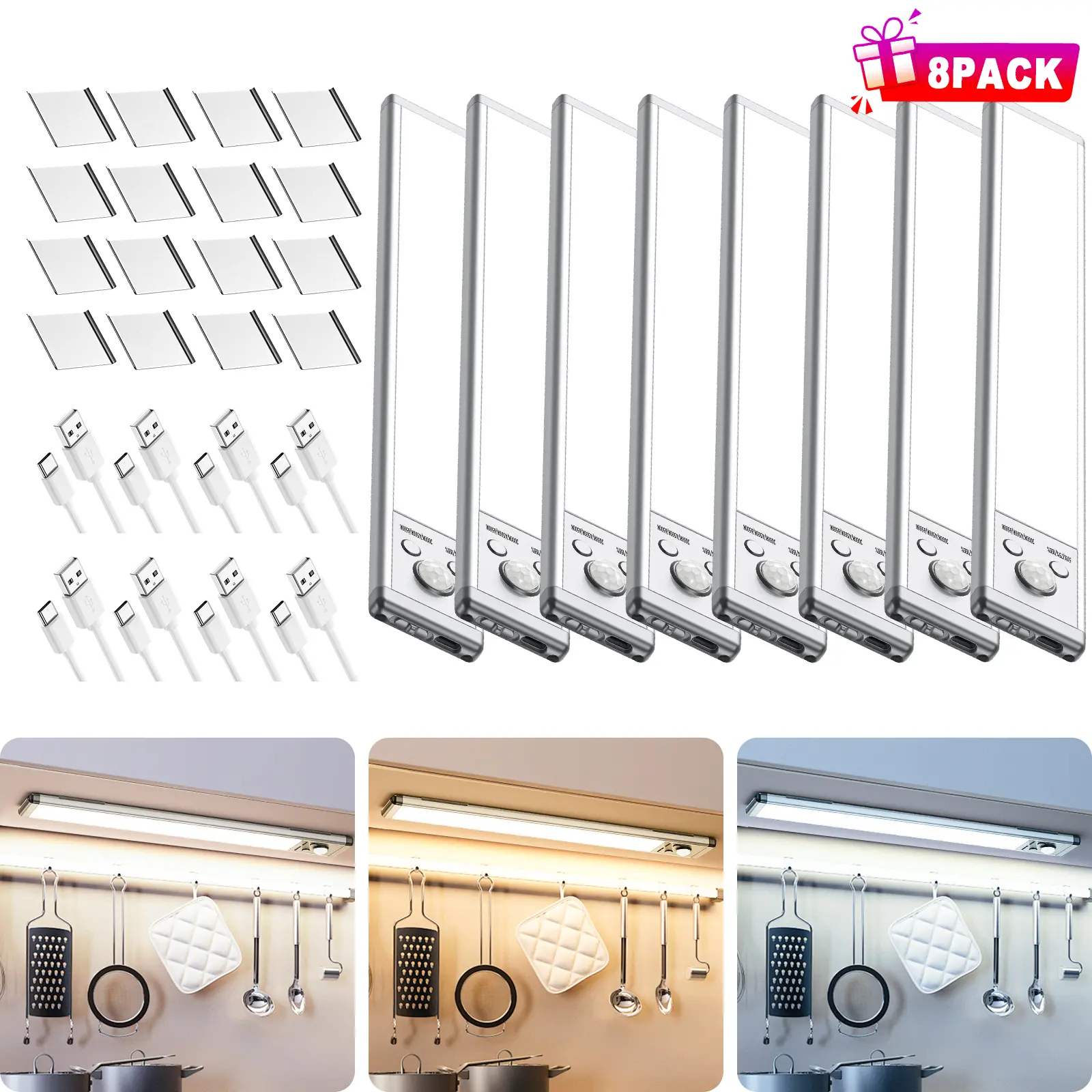 Under Cabinet Lighting, 4 Pack Motion Sensor Light Indoor, 76 LED USB Rechargeable Battery Operated, 3 Levels Dimmable Magnetic Closet Lights