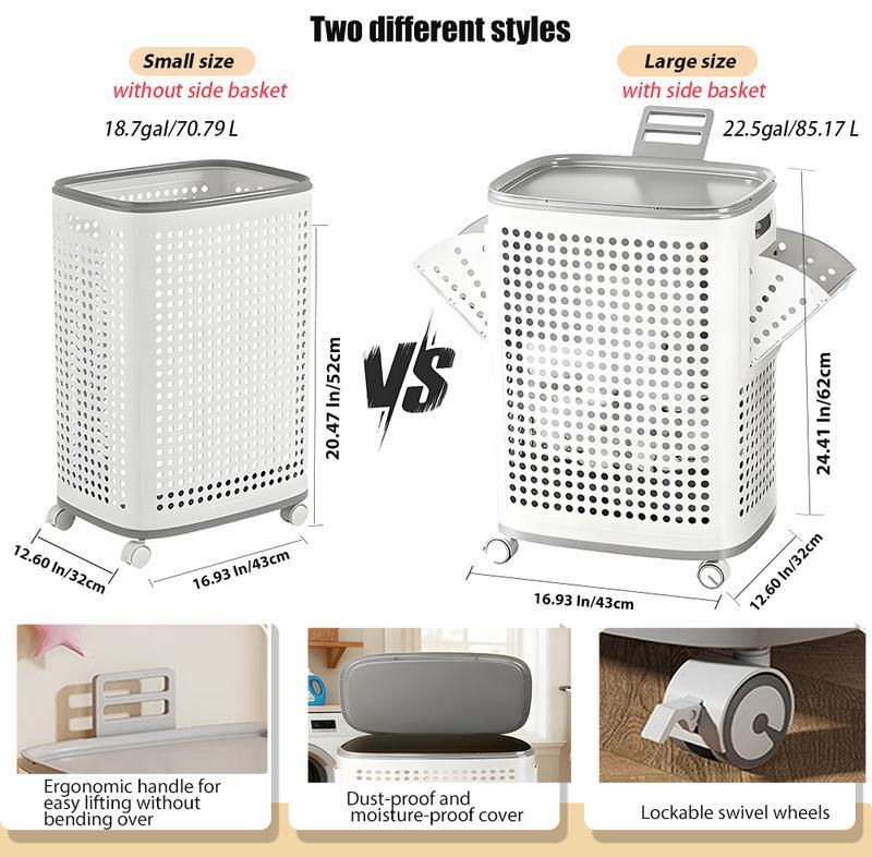  Laundry Basket with Wheels, White & Gray, Ventilated & Odor-Resistant, Portable Rolling Storage with Lid, Size Details in SKU Images, Assembly Guide in Main Image & Description