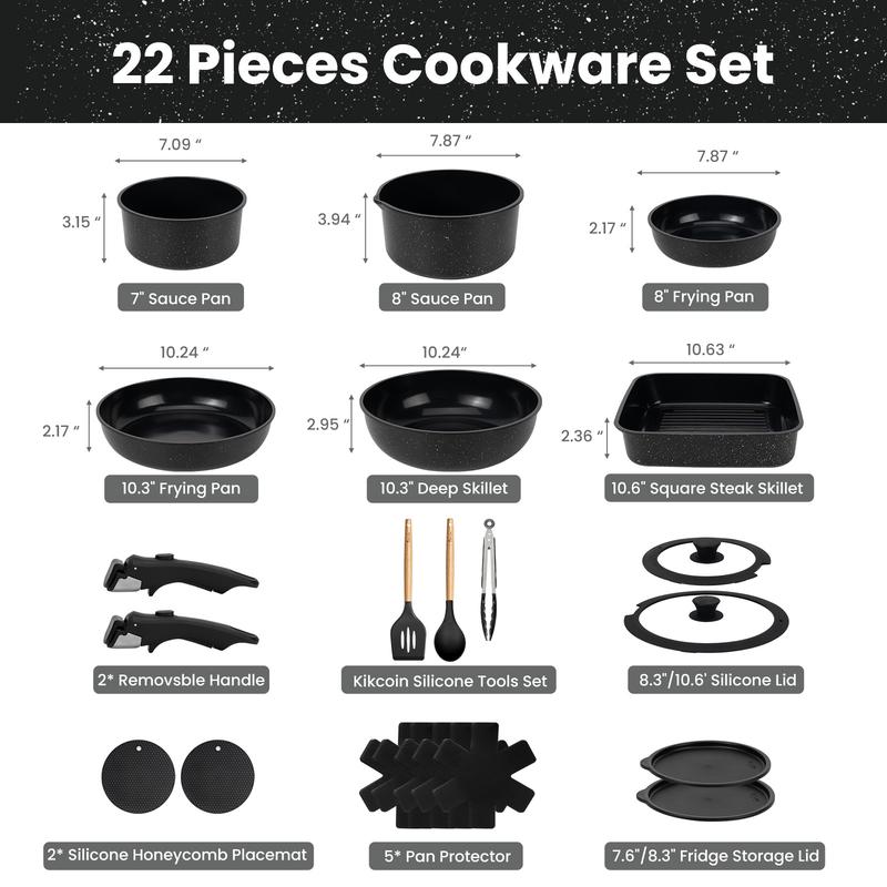 EricCherry Non-Toxic Multifunctional Non-Stick 22pcs pots and pans set,complete Cookware Set with Lids Detachable Handle,PFASFree,RV cook,Healthy,milk pan,Outdoor Compatible Stackable,Nonstick Induction,Easy Care,Kitchen,Mother’s Day gift