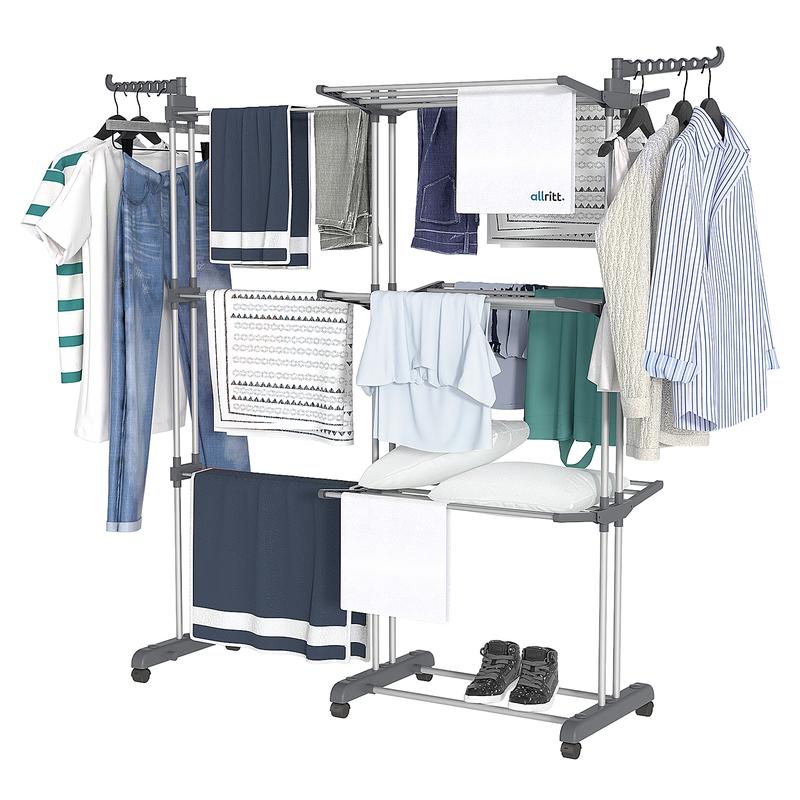 Clothes Drying Rack 4-Tier, Foldable Laundry Drying Rack 69.9-Inch Tall, Extendable Rods, Stainless Steel, Rolling Clothes Horses, Clothes Airer, Indoor Outdoor Use
