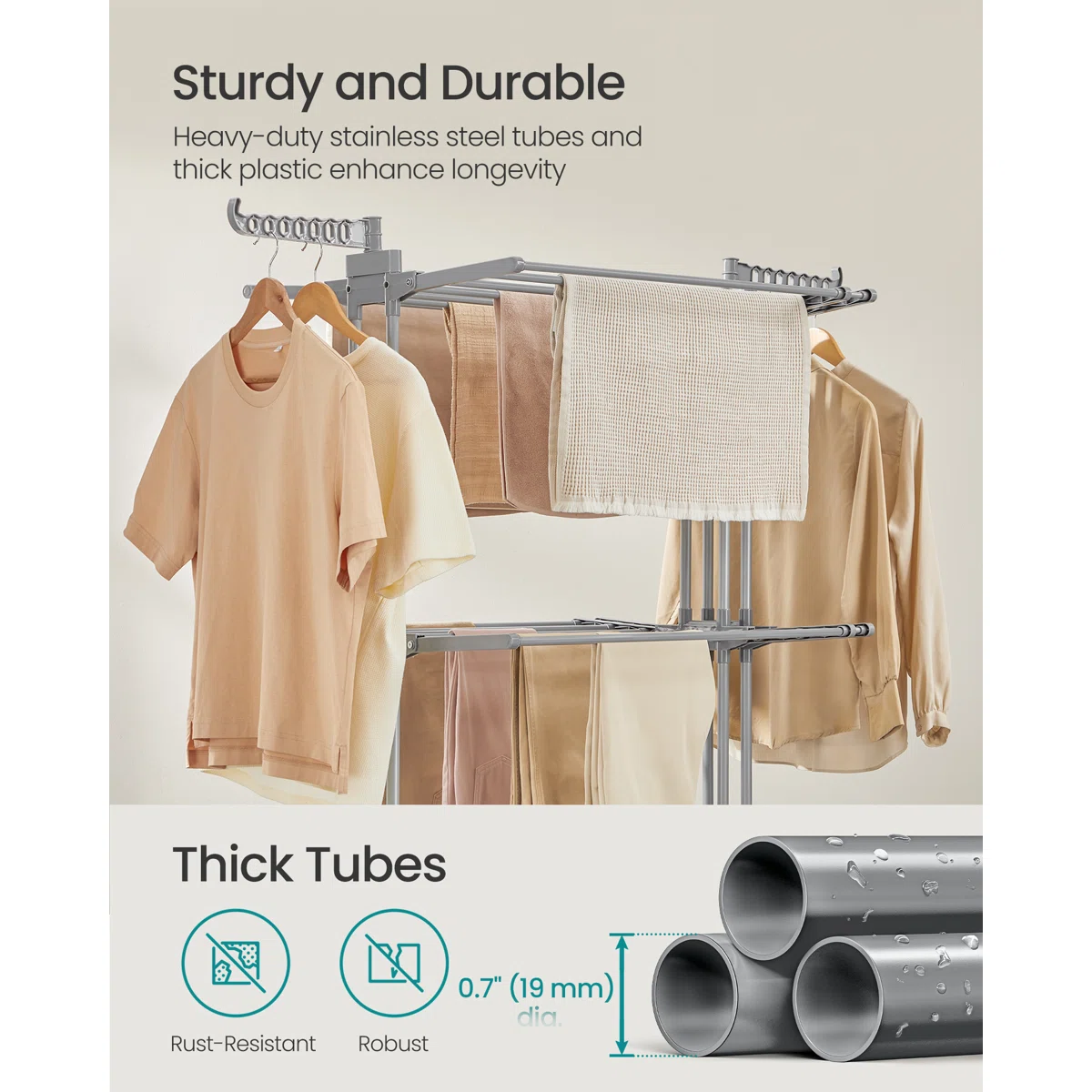 Clothes Drying Rack 4-Tier, Foldable Laundry Drying Rack 69.9-Inch Tall, Extendable Rods, Stainless Steel, Rolling Clothes Horses, Clothes Airer, Indoor Outdoor Use