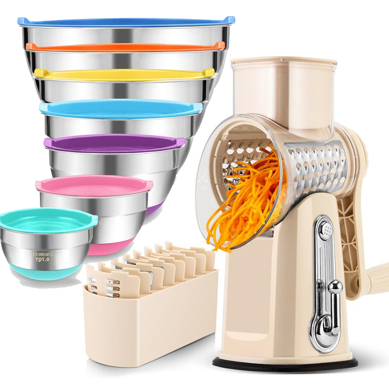 Rotary Cheese Grater with Handle, 5 Well-Designed Blades, Strong Suction Cup Base, Kitchen Utensils Vegetable Slicer Dicer Fruit Vegetable Slicer Gadgets Kitchen