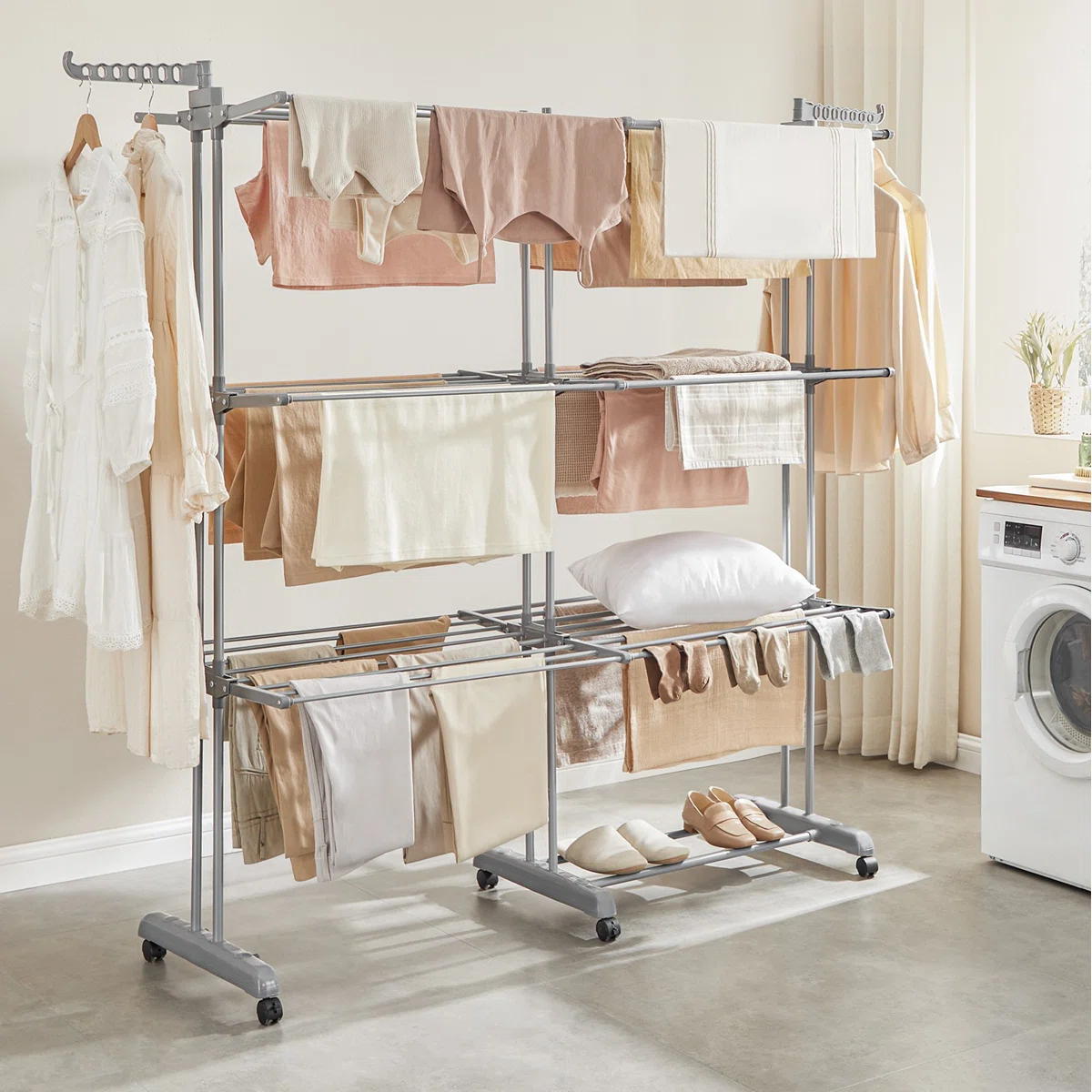 Clothes Drying Rack 4-Tier, Foldable Laundry Drying Rack 69.9-Inch Tall, Extendable Rods, Stainless Steel, Rolling Clothes Horses, Clothes Airer, Indoor Outdoor Use