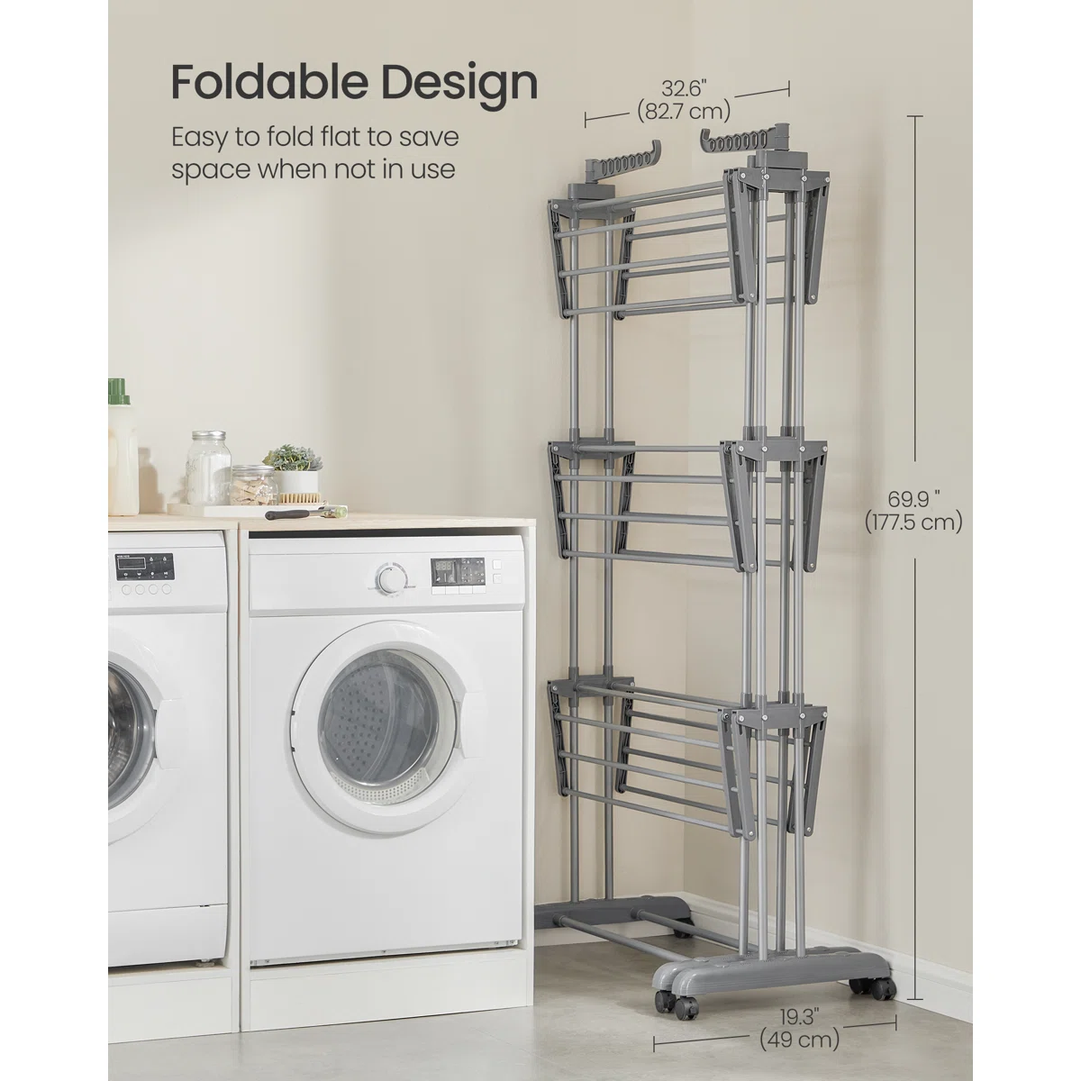 Clothes Drying Rack 4-Tier, Foldable Laundry Drying Rack 69.9-Inch Tall, Extendable Rods, Stainless Steel, Rolling Clothes Horses, Clothes Airer, Indoor Outdoor Use