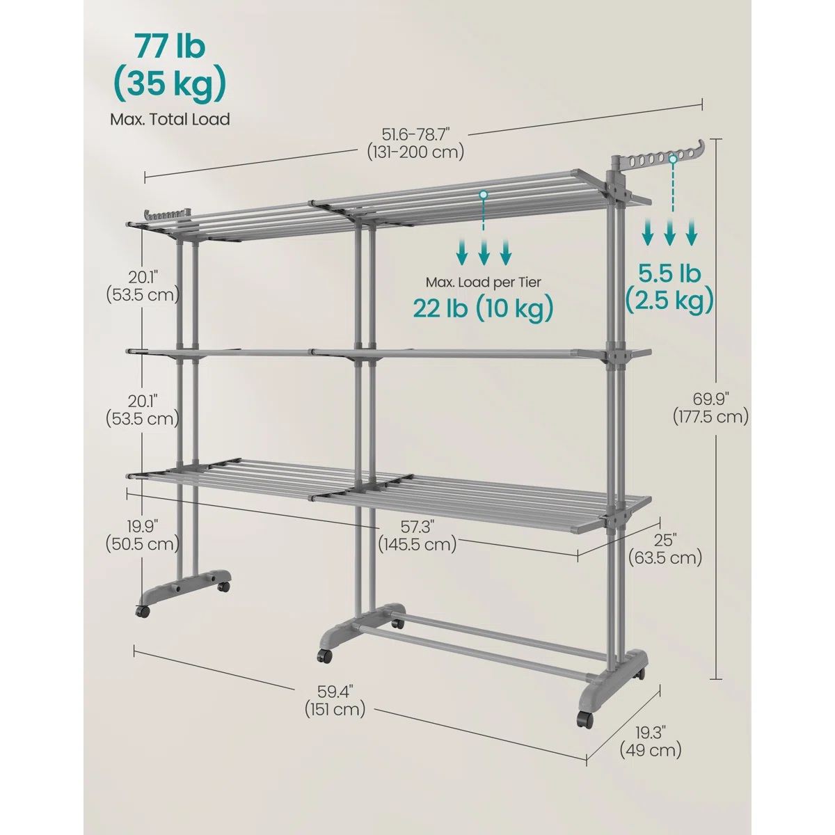 Clothes Drying Rack 4-Tier, Foldable Laundry Drying Rack 69.9-Inch Tall, Extendable Rods, Stainless Steel, Rolling Clothes Horses, Clothes Airer, Indoor Outdoor Use