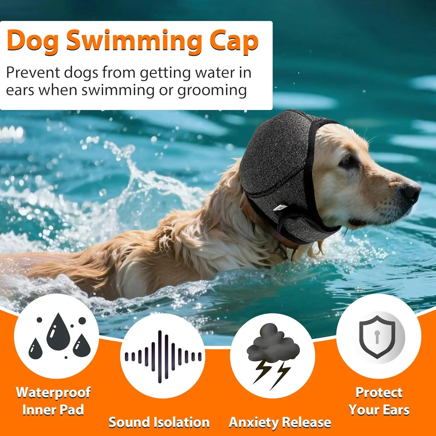 Dog Calming Hoodie Ear Wraps for Dogs, Waterproof Dogs Swim Cap, Pet Ear Cover Muffs for Anxiety Relief Noise Cancelling, Doggy Head Warp Ear Protection for Hematoma Fireworks Bath Swim Blow(Grey)