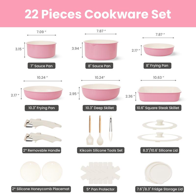 EricCherry Non-Toxic Multifunctional Non-Stick 22pcs pots and pans set,complete Cookware Set with Lids Detachable Handle,PFASFree,RV cook,Healthy,milk pan,Outdoor Compatible Stackable,Nonstick Induction,Easy Care,Kitchen,Mother’s Day gift