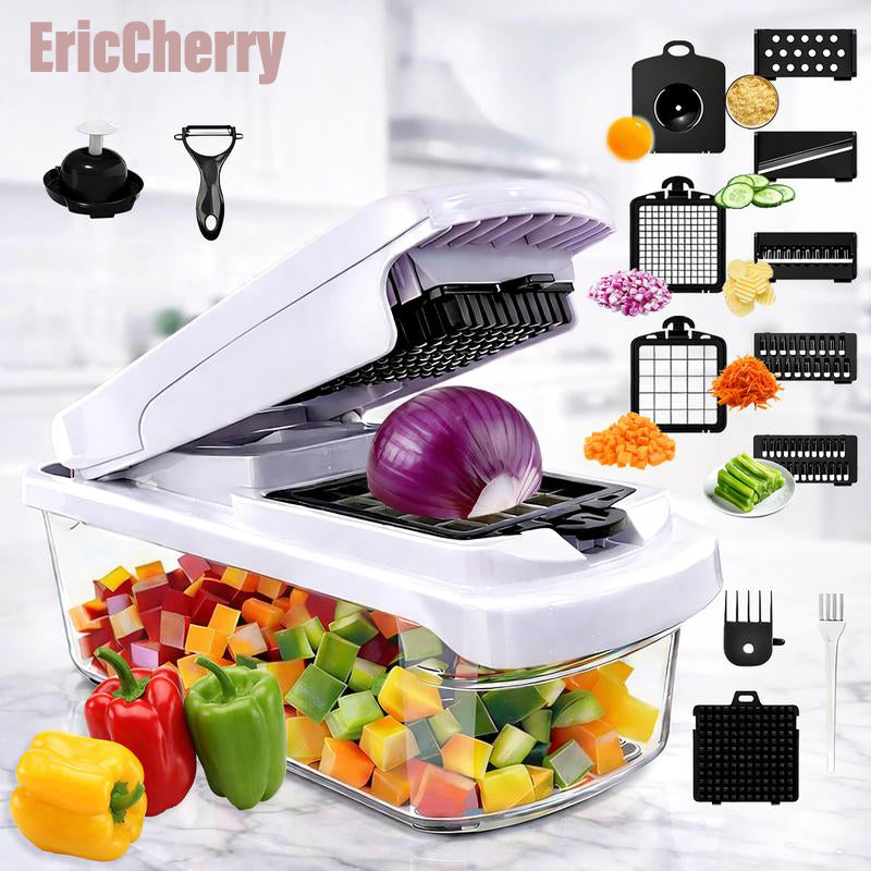 EricCherry Vegetable Chopper,15-in-1 Multifunctional Food Chopper,Professional Onion Chopper with 8 Blades,Vegetable Cutter with Container for Salad,Potato,Carrot,and Garlic; Essential Kitchen Tool