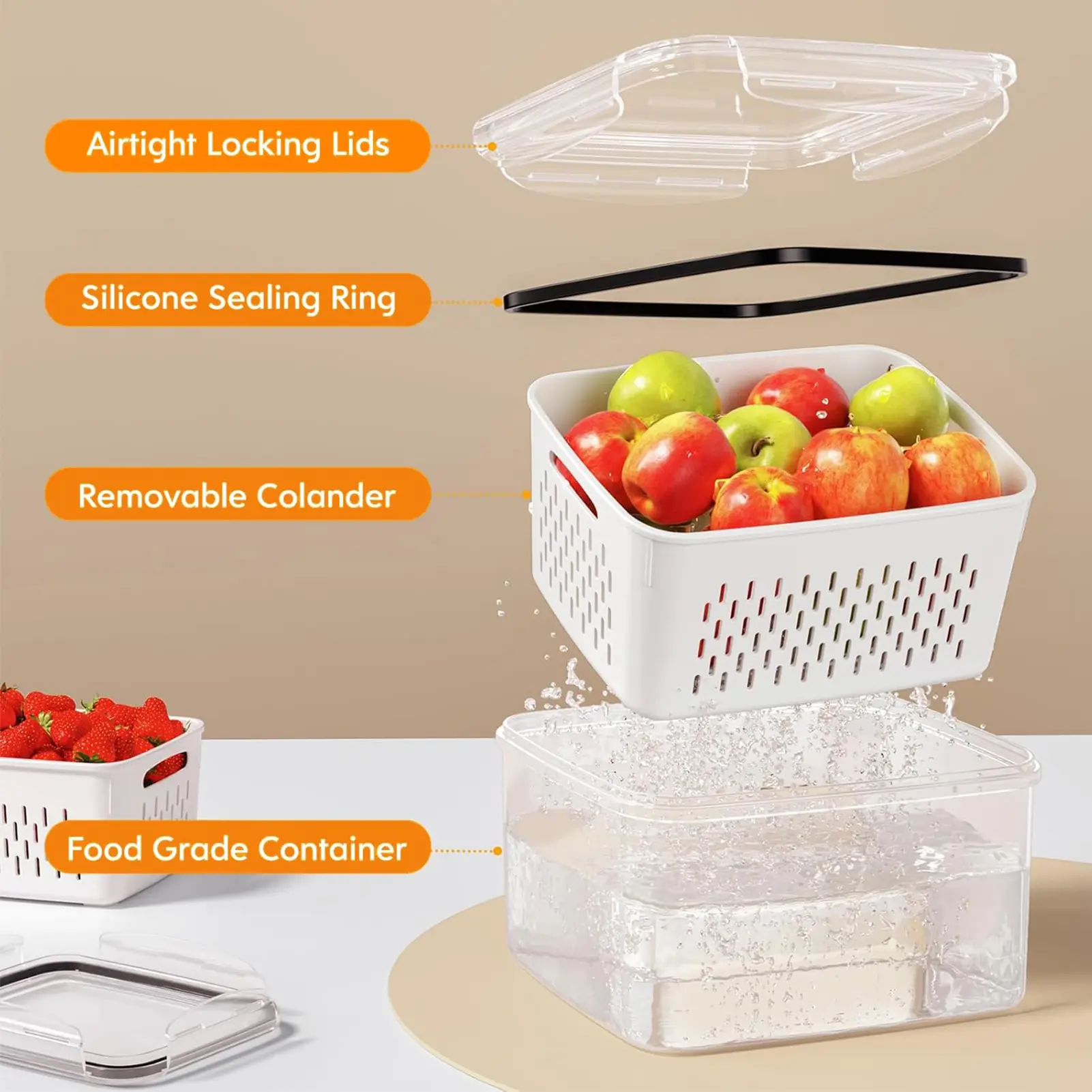 5 Pack Fridge Organizers and Storage - Stackable Fruit Storage Containers for Fridge with Removable Colander, BPA-Free Food Storage Container for Salad Berry Lettuce Vegetables Meat Keeper Fresh