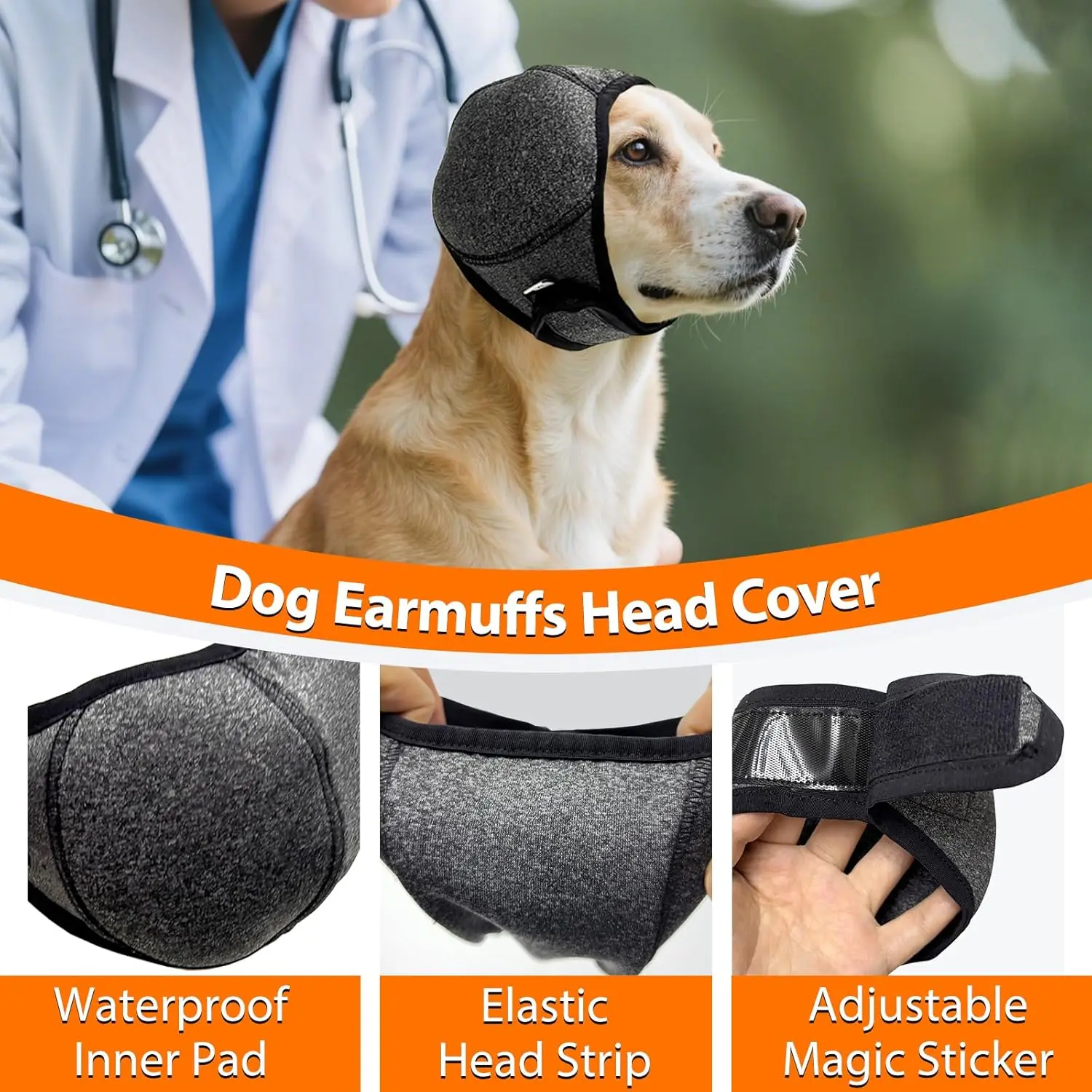 Dog Calming Hoodie Ear Wraps for Dogs, Waterproof Dogs Swim Cap, Pet Ear Cover Muffs for Anxiety Relief Noise Cancelling, Doggy Head Warp Ear Protection for Hematoma Fireworks Bath Swim Blow(Grey)