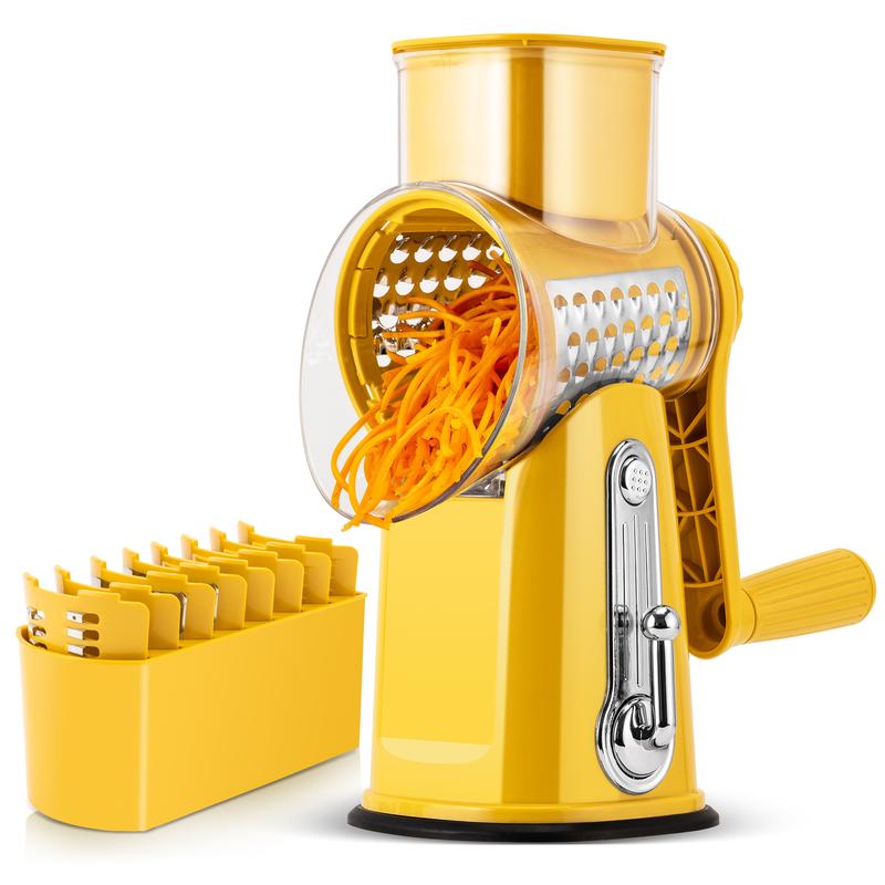 Rotary Cheese Grater with Handle, 5 Well-Designed Blades, Strong Suction Cup Base, Kitchen Utensils Vegetable Slicer Dicer Fruit Vegetable Slicer Gadgets Kitchen