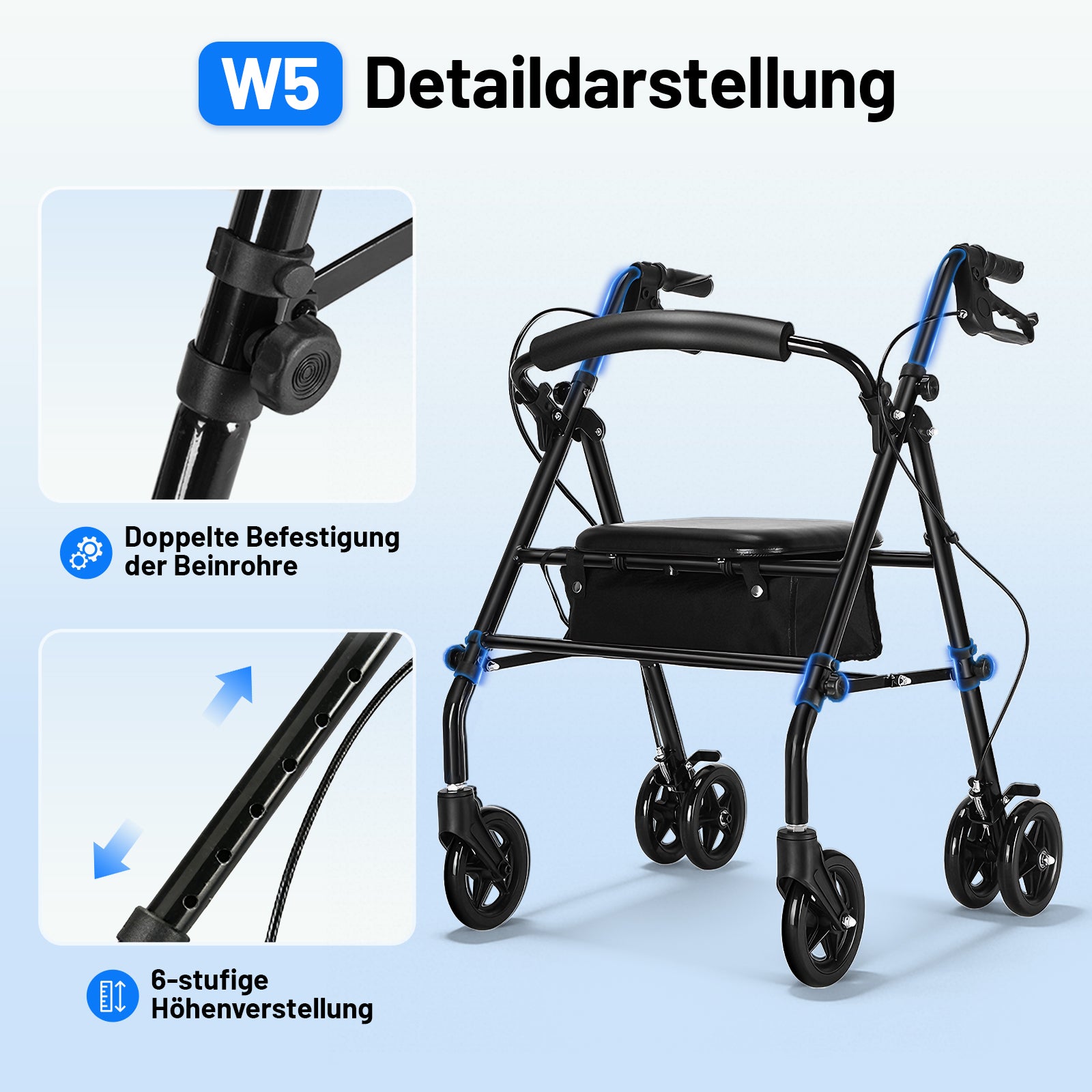 lepaiyou W5 – Leichter faltbarer Rollator mit 360° Drehrädern, 8,14 kg, höhenverstellbar