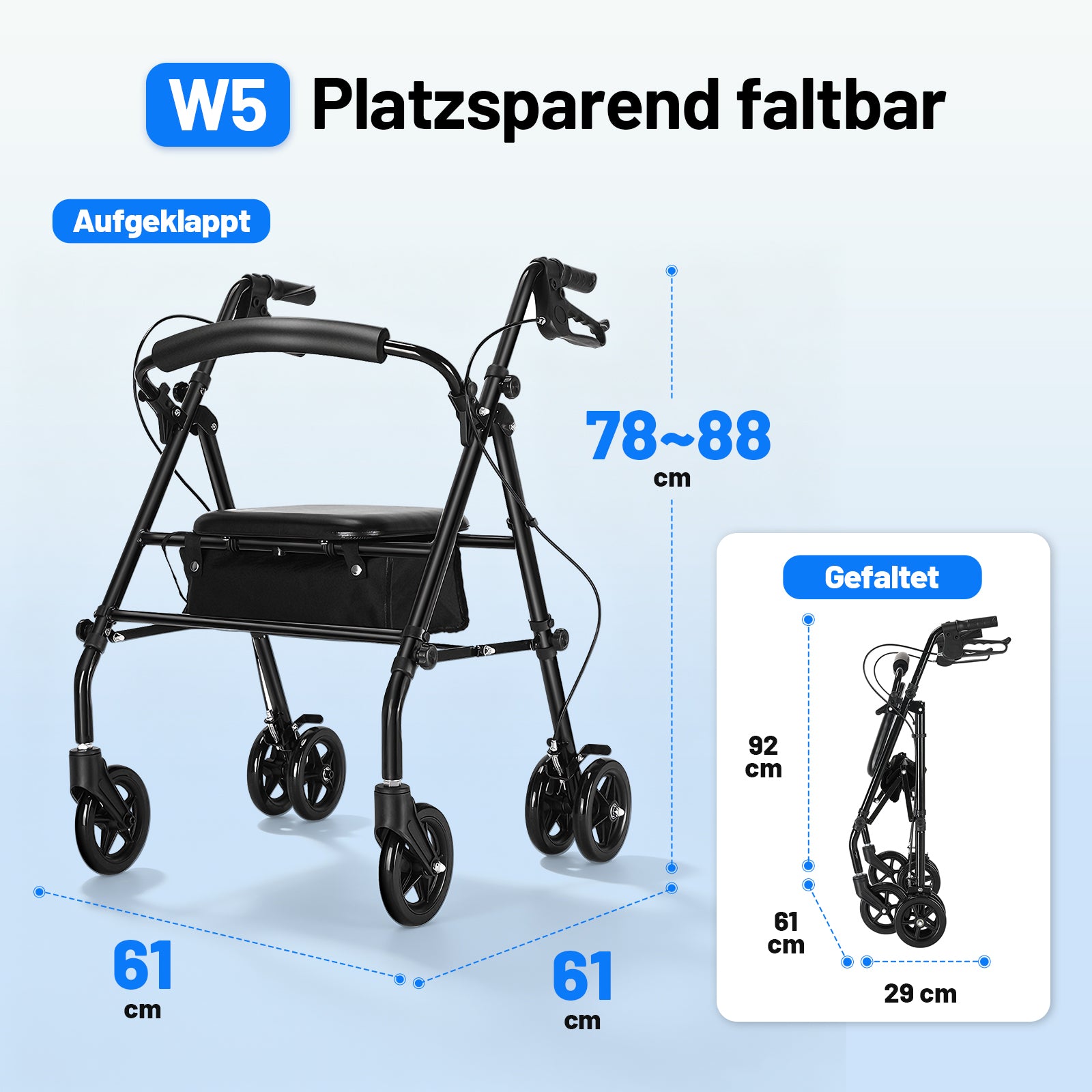 lepaiyou W5 – Leichter faltbarer Rollator mit 360° Drehrädern, 8,14 kg, höhenverstellbar