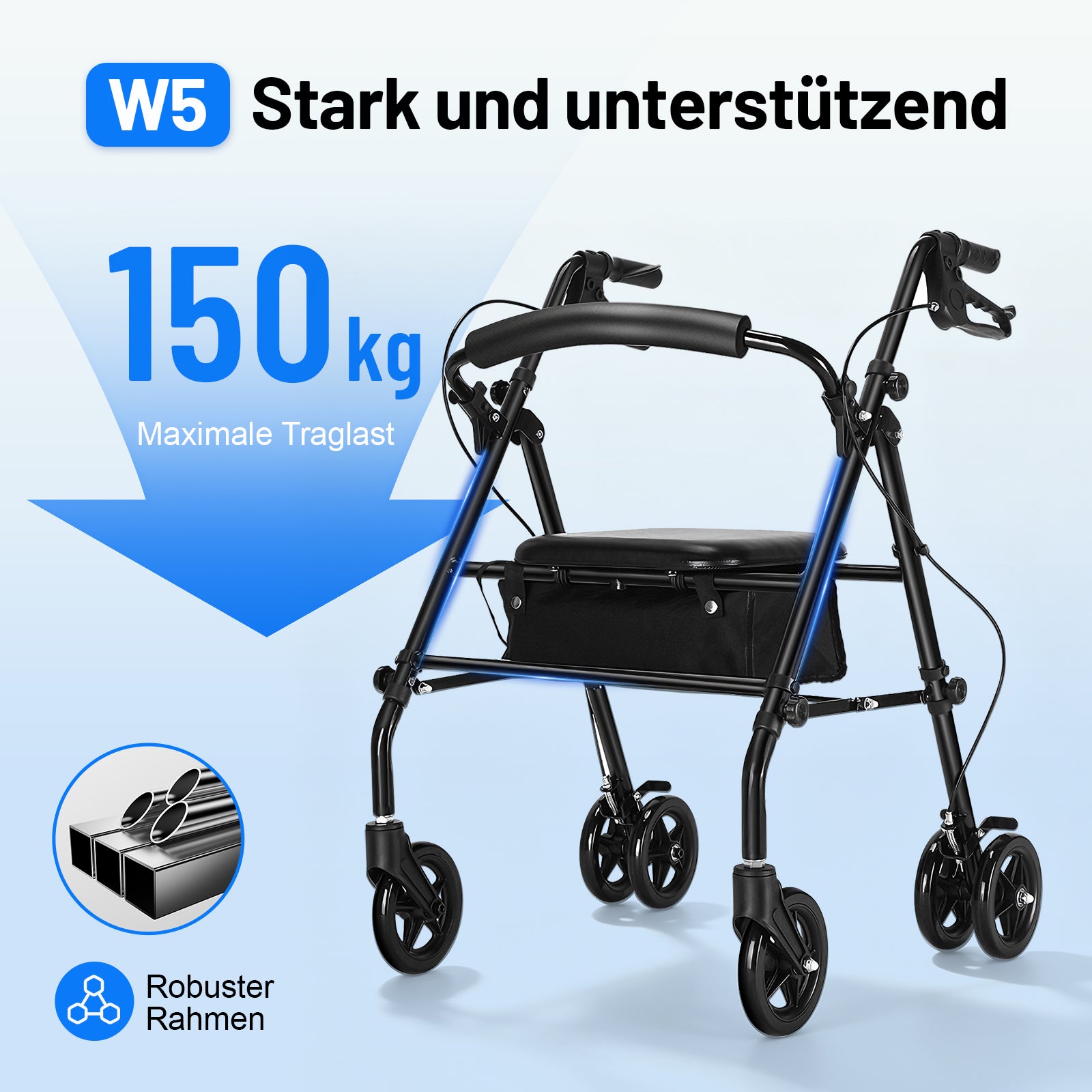 lepaiyou W5 – Leichter faltbarer Rollator mit 360° Drehrädern, 8,14 kg, höhenverstellbar