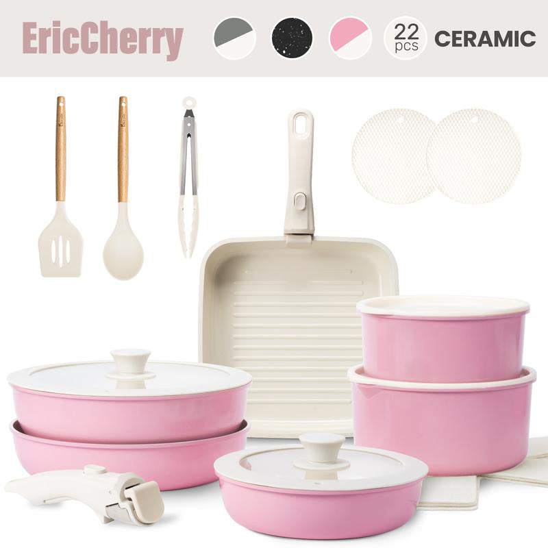 EricCherry Non-Toxic Multifunctional Non-Stick 22pcs pots and pans set,complete Cookware Set with Lids Detachable Handle,PFASFree,RV cook,Healthy,milk pan,Outdoor Compatible Stackable,Nonstick Induction,Easy Care,Kitchen,Mother’s Day gift