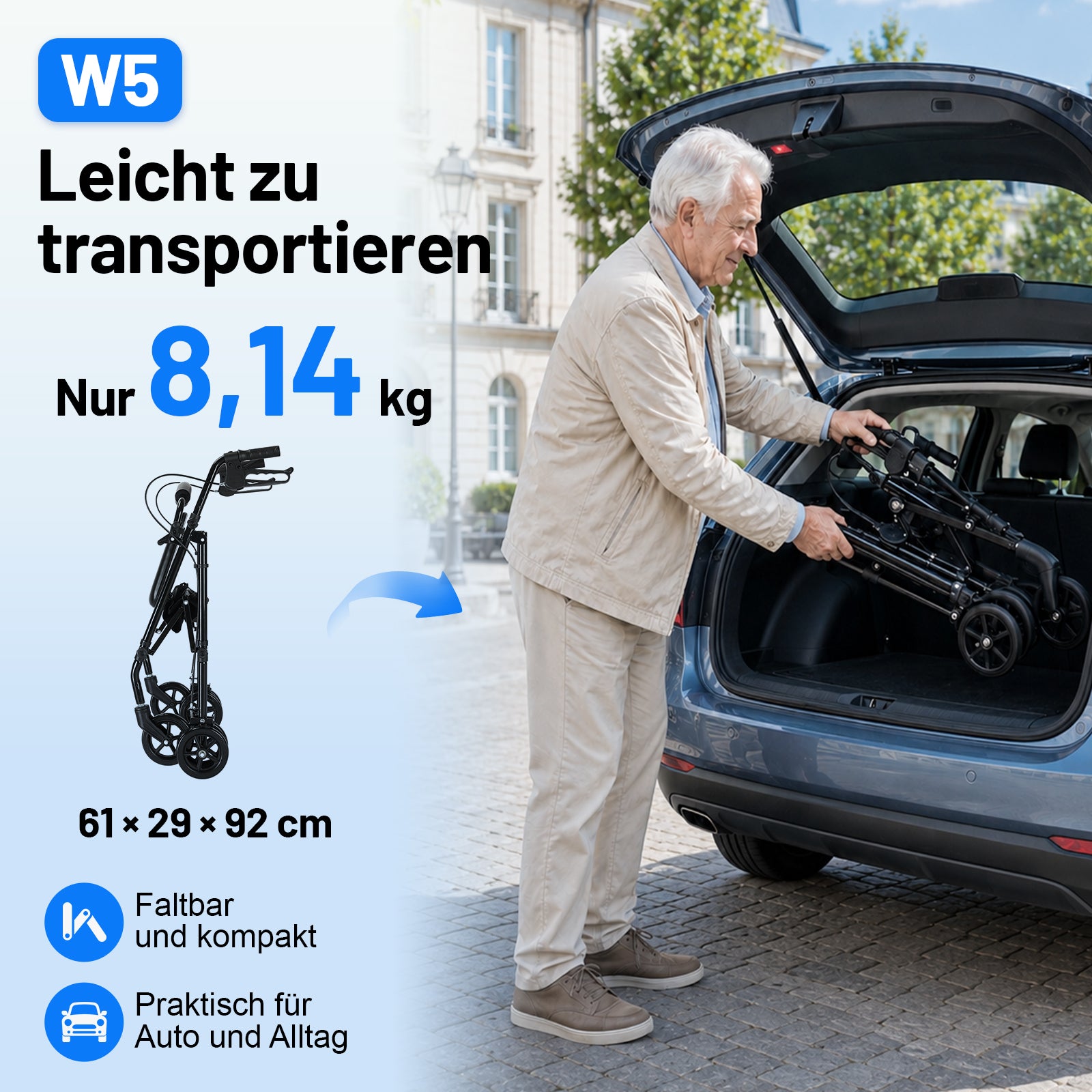 lepaiyou W5 – Leichter faltbarer Rollator mit 360° Drehrädern, 8,14 kg, höhenverstellbar
