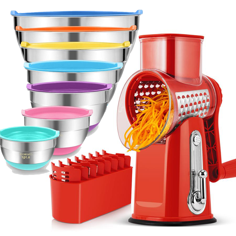 Rotary Cheese Grater with Handle, 5 Well-Designed Blades, Strong Suction Cup Base, Kitchen Utensils Vegetable Slicer Dicer Fruit Vegetable Slicer Gadgets Kitchen