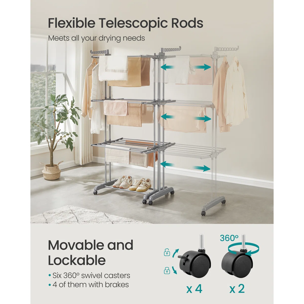 Clothes Drying Rack 4-Tier, Foldable Laundry Drying Rack 69.9-Inch Tall, Extendable Rods, Stainless Steel, Rolling Clothes Horses, Clothes Airer, Indoor Outdoor Use