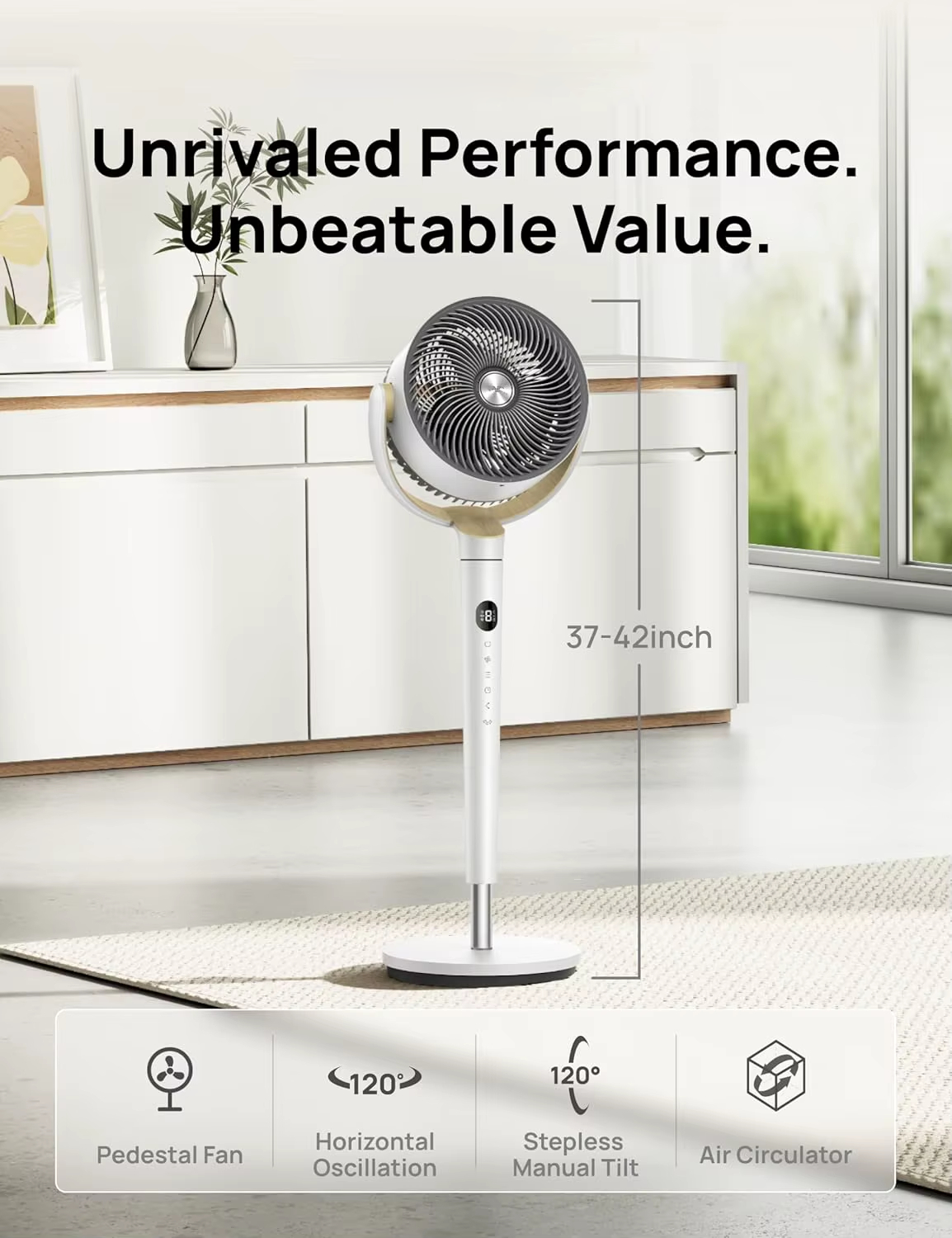 Dreo Fan for Bedroom, 120°+120° Oscillating Standing Fan, DC Motor, 80ft Air Circulator for Whole Room, 8 Speeds, 3 modes, Quiet