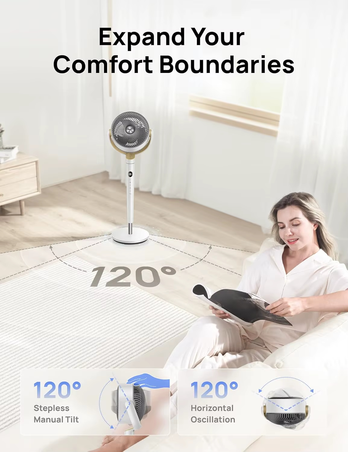 Dreo Fan for Bedroom, 120°+120° Oscillating Standing Fan, DC Motor, 80ft Air Circulator for Whole Room, 8 Speeds, 3 modes, Quiet