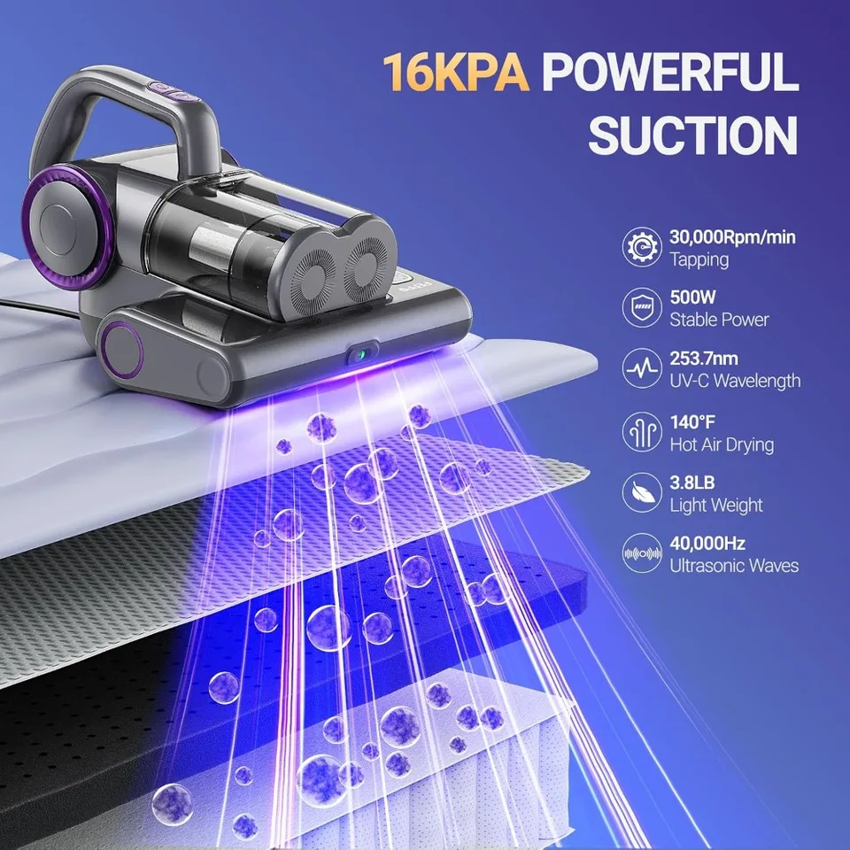 16Kpa Mattress Vacuum Cleaner with UV-C Light, Heat & HEPA, 500W Corded Handheld for Bed, Sofa, Couch