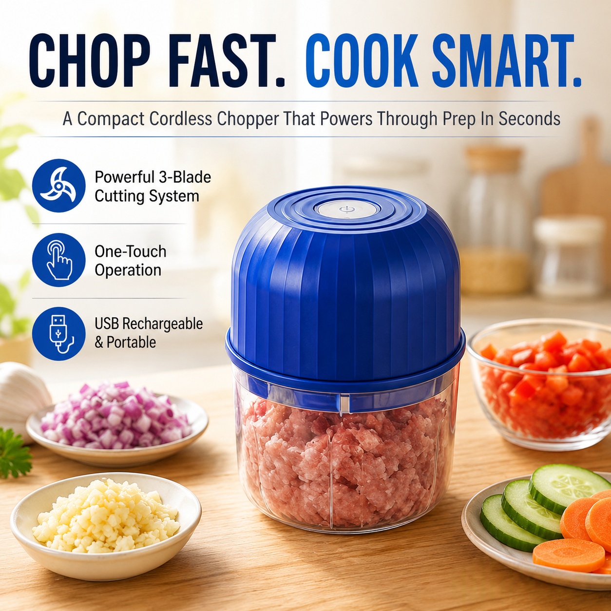 Wireless Efficient Electric Mini Food Chopper🧑‍🍳– Robust Motor, Smart Design & Stainless Steel Blades⏱️🔪