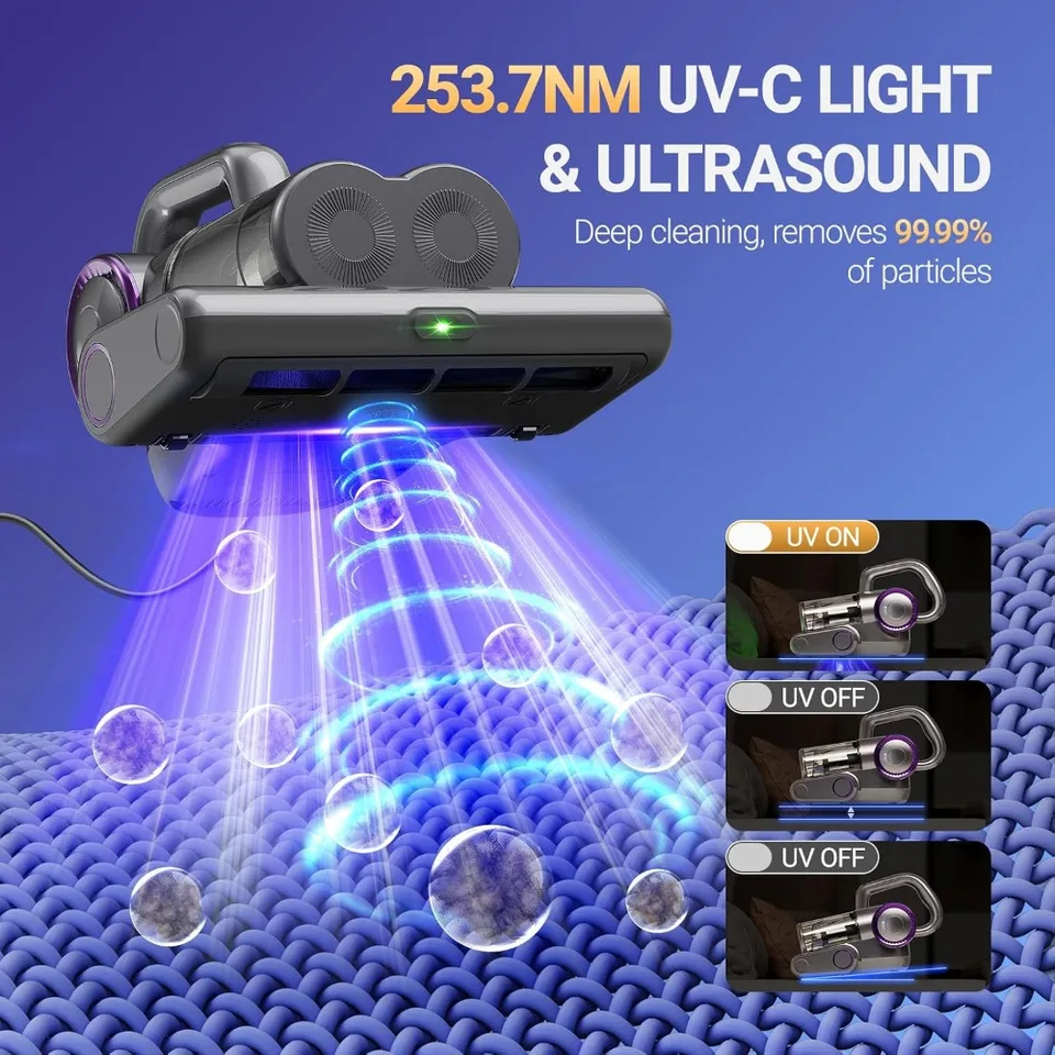 16Kpa Mattress Vacuum Cleaner with UV-C Light, Heat & HEPA, 500W Corded Handheld for Bed, Sofa, Couch