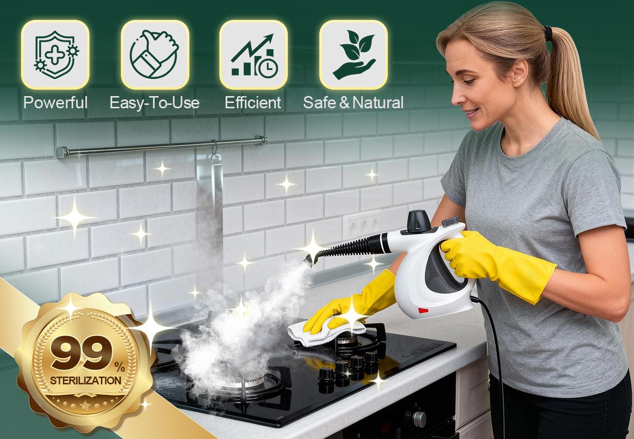 [Back To School]Phueut Pressurized Handheld Steam Cleaner with 12 Accessories, Multi-Surface Steamer for Kitchen, Bathroom, Grout, Upholstery and Car