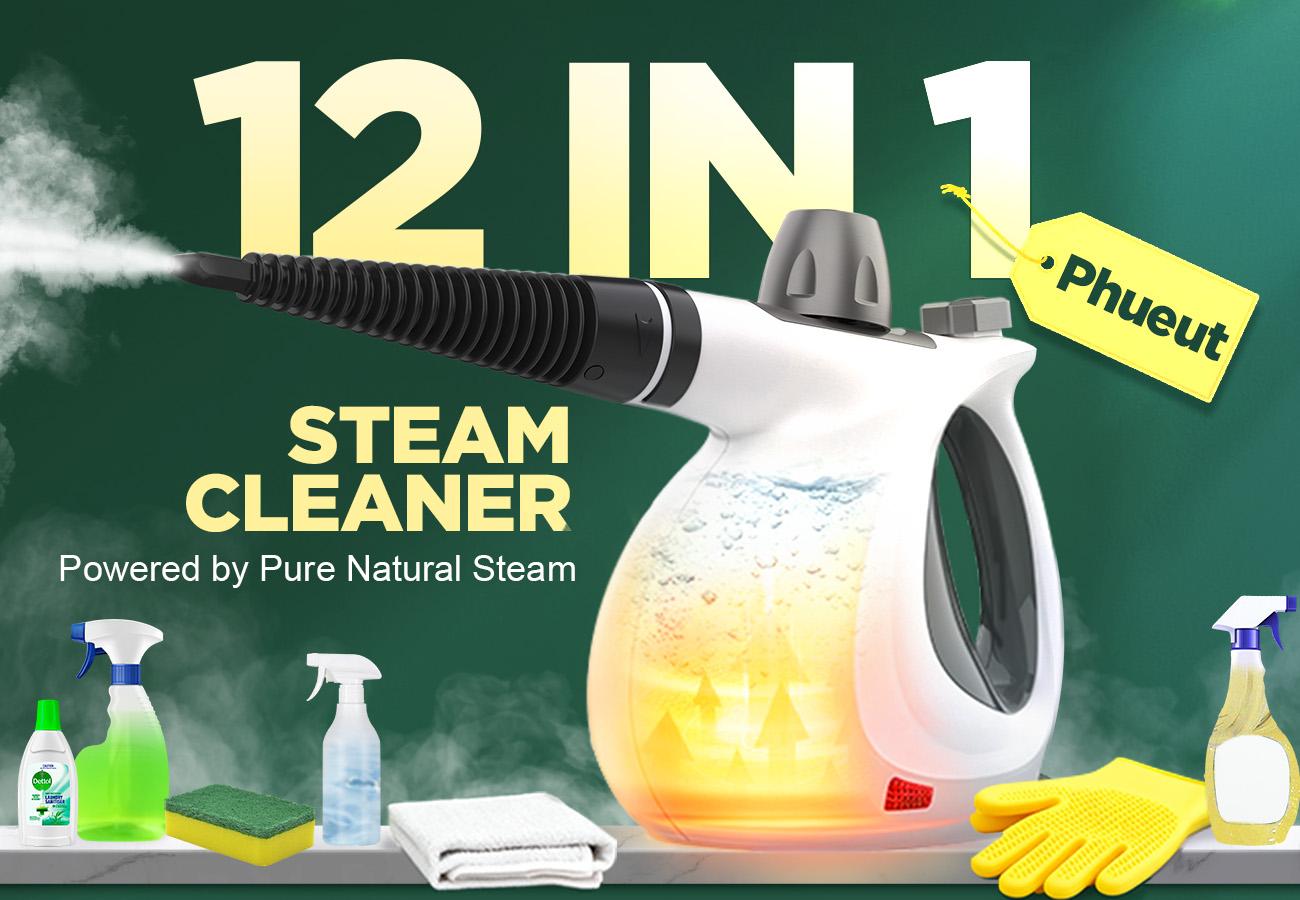 [Back To School]Phueut Pressurized Handheld Steam Cleaner with 12 Accessories, Multi-Surface Steamer for Kitchen, Bathroom, Grout, Upholstery and Car