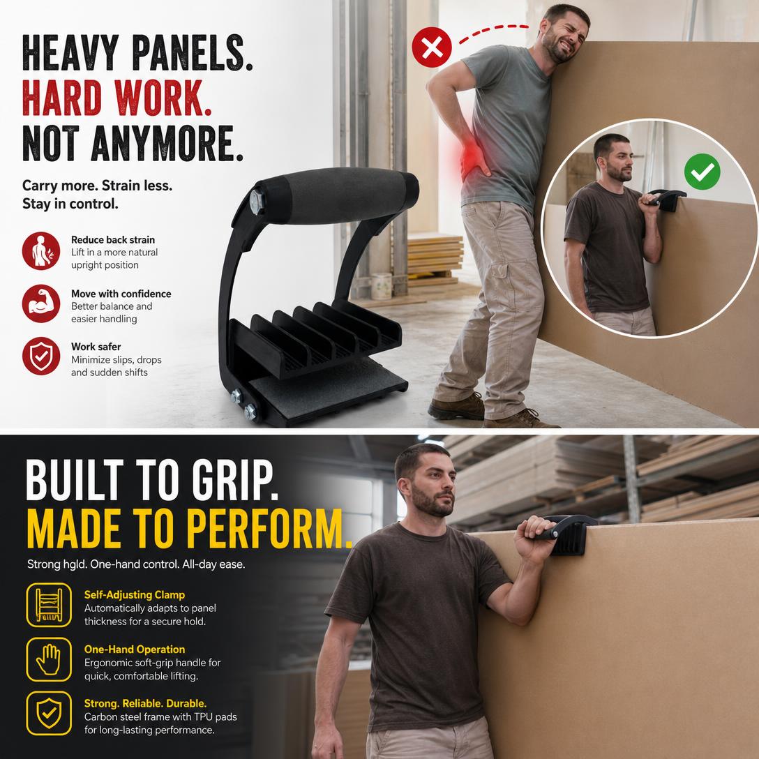 Panel & Plywood Carrier – Heavy Duty One-Hand Lifting Tool for Drywall, Sheetrock & Wood Panels