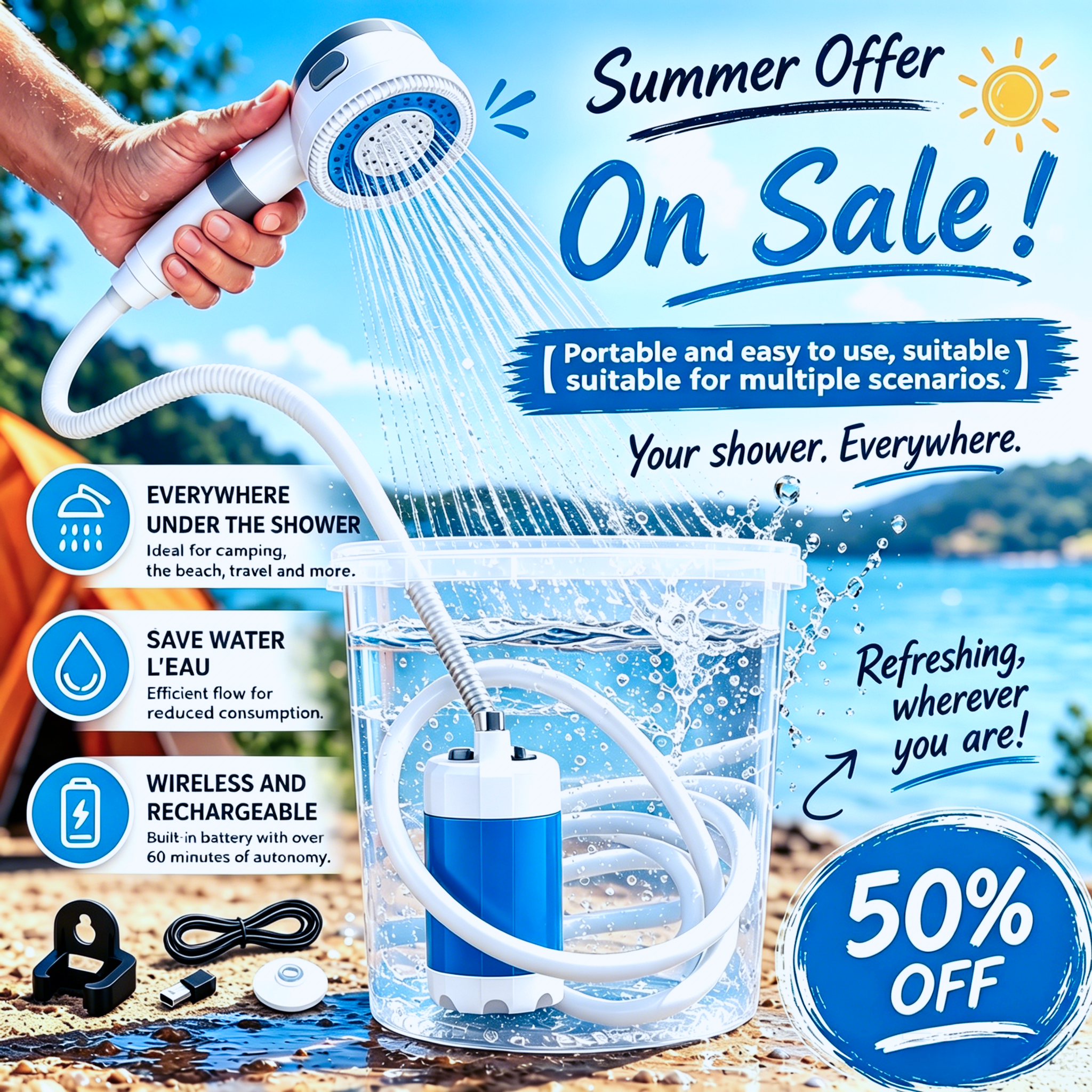 🚿50% Discount✨Portable Camping Shower with Adjustable Flow ✨For Easy and Convenient Outdoor Cleaning!