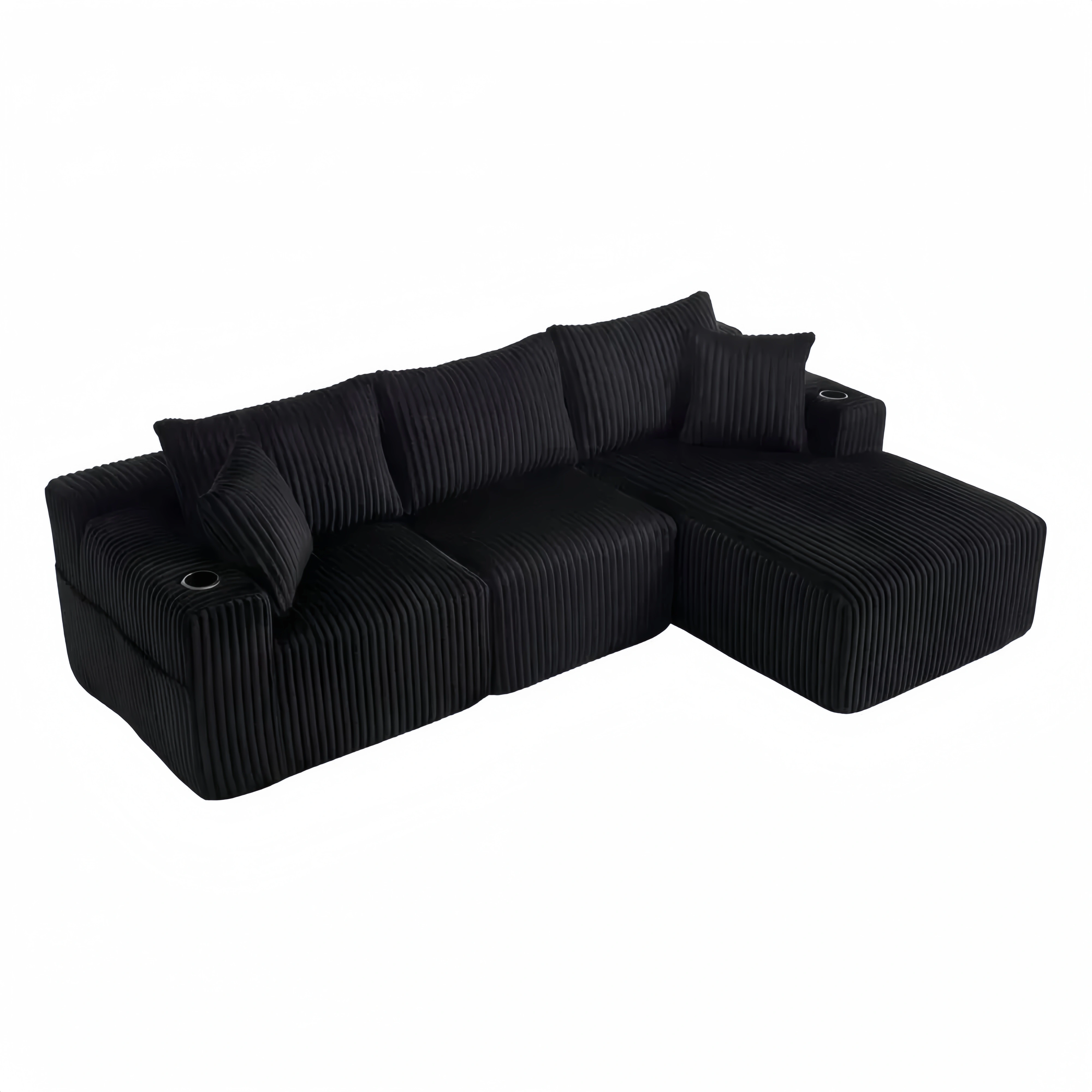 Sofá Esquinero Moderno Tres Plazas con Chaise Longue, Almohadas y Porta Vasos