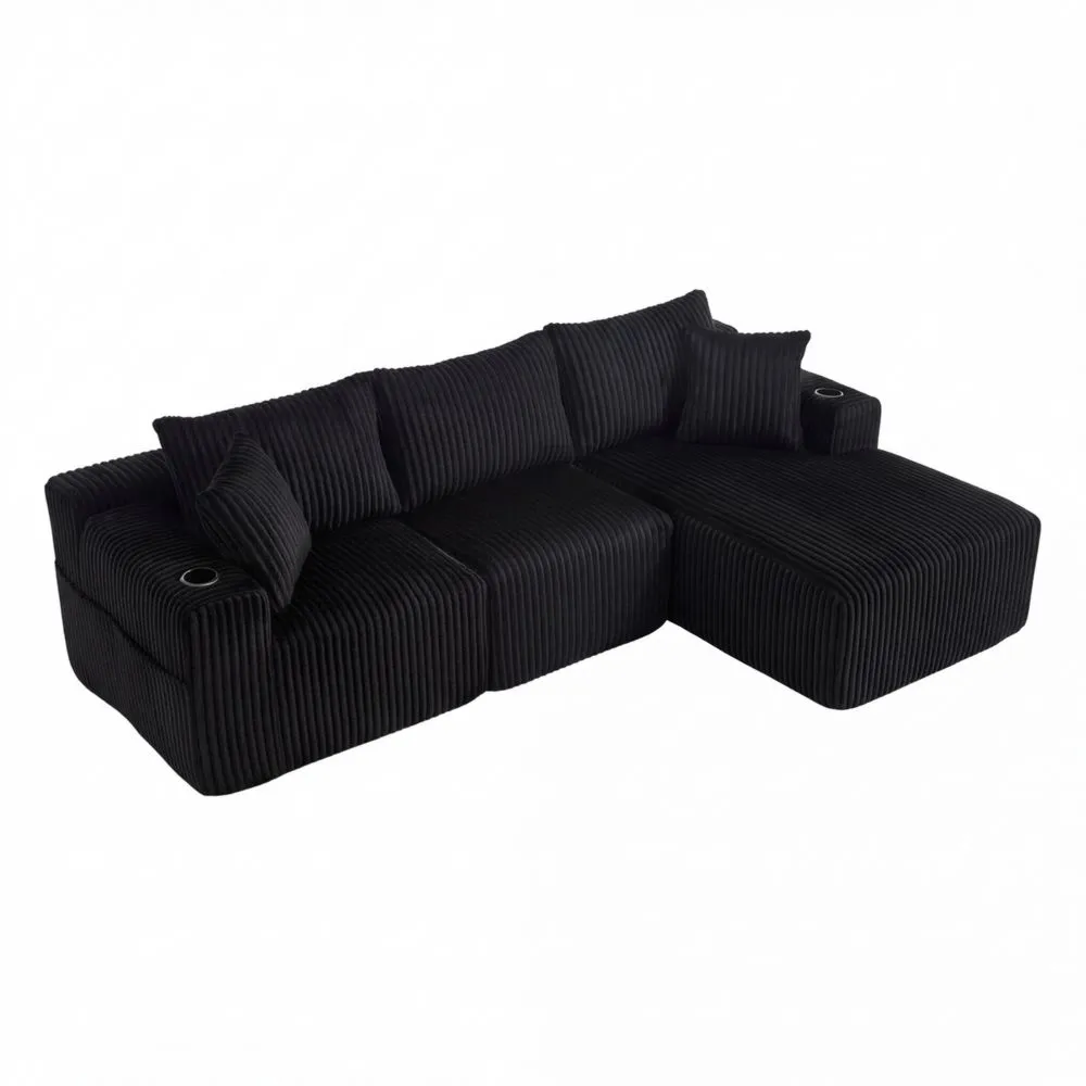 Sofá Esquinero Moderno Tres Plazas con Chaise Longue, Almohadas y Porta Vasos